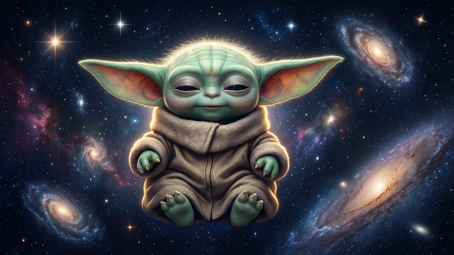Baby Yoda in Space 壁紙 — 一個寧靜的綠色寶貝尤達在星光熠熠的宇宙虛空中漂浮，周圍環繞著發光的星系。
