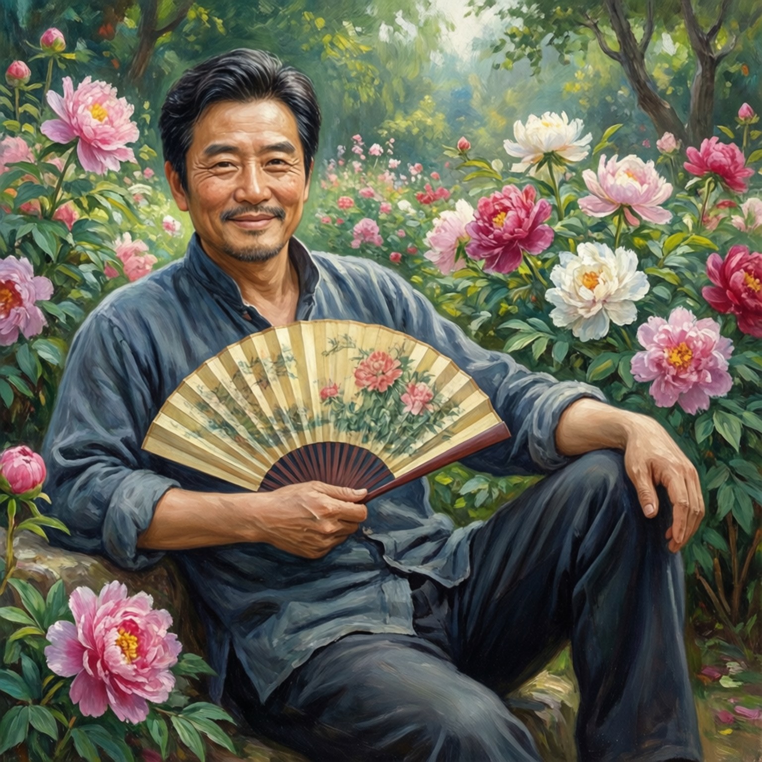 Peony Garden Nie Huaisang 壁紙 — 一位身穿藍色長袍的寧靜男子坐在茂盛的花園中，周圍是粉紅色和白色的牡丹，手持一把花卉扇子。