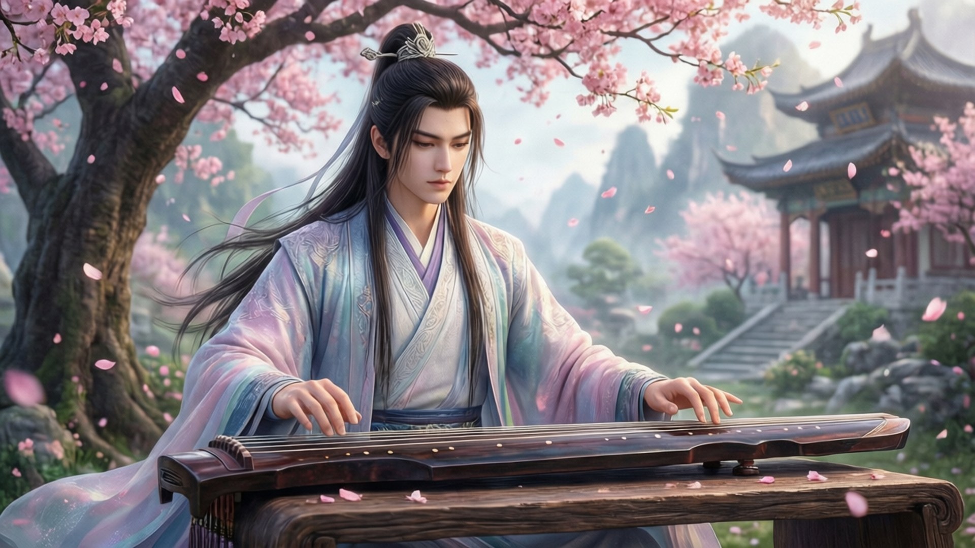 Serenade in Pink 壁紙 — 一位寧靜的男子身穿飄逸的粉彩長袍，在盛開的櫻花樹下彈奏古箏，背景是迷霧中的傳統亭閣。