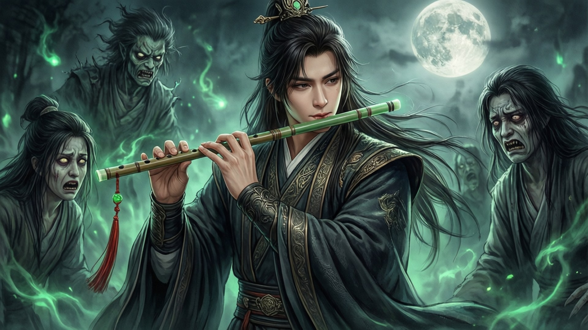 Flute of the Dead 壁紙 — 一個平靜的男人穿著華麗的深色長袍吹奏長笛，鬼影般的角色帶著發光的眼睛在滿月下圍繞著他。