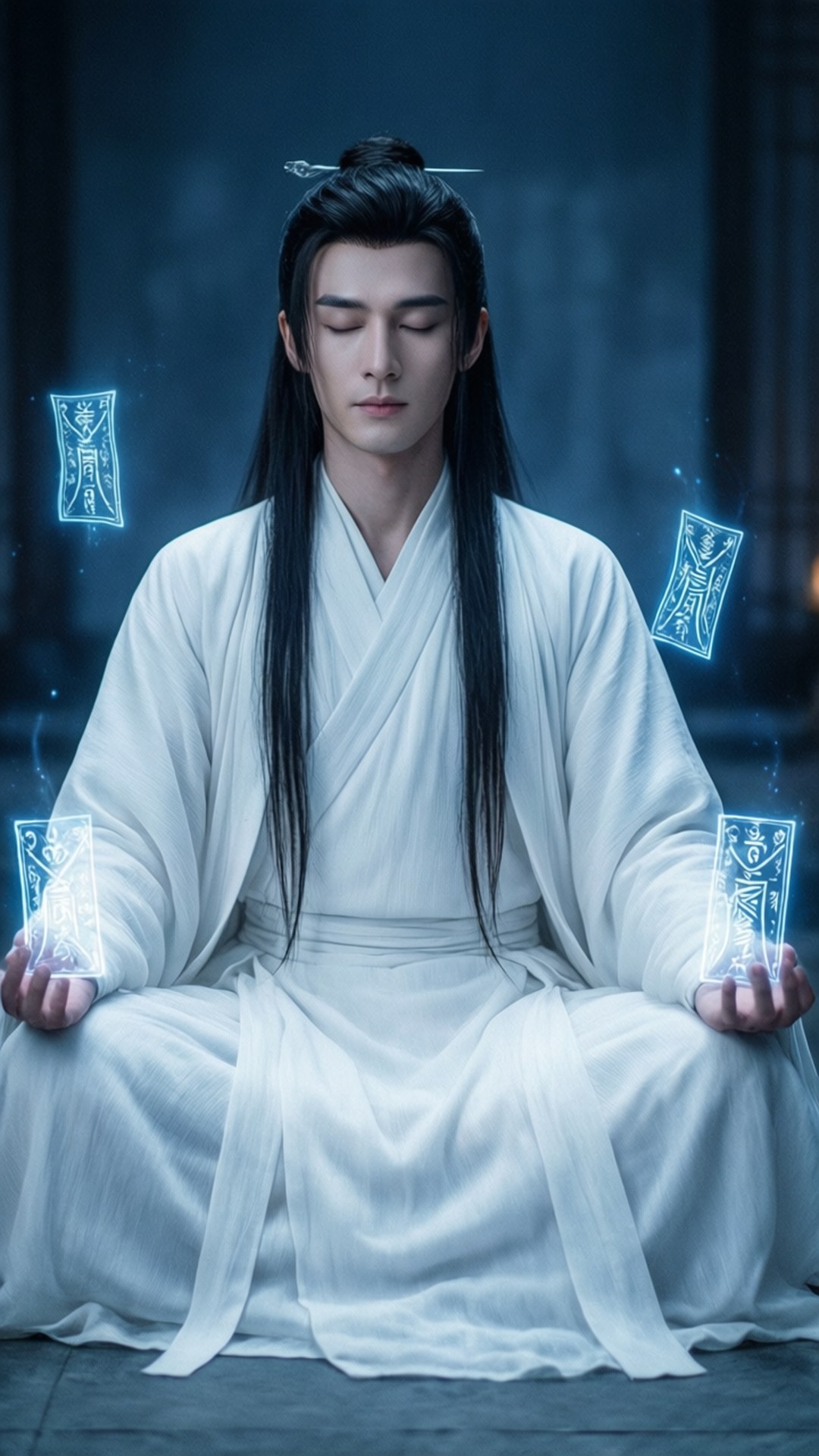 Meditation of Hanguang-Jun 壁紙 — 一位身穿白色傳統長袍的寧靜男子在燈光昏暗的古老大廳中冥想，發光的藍色符文懸浮在他的雙手之上。