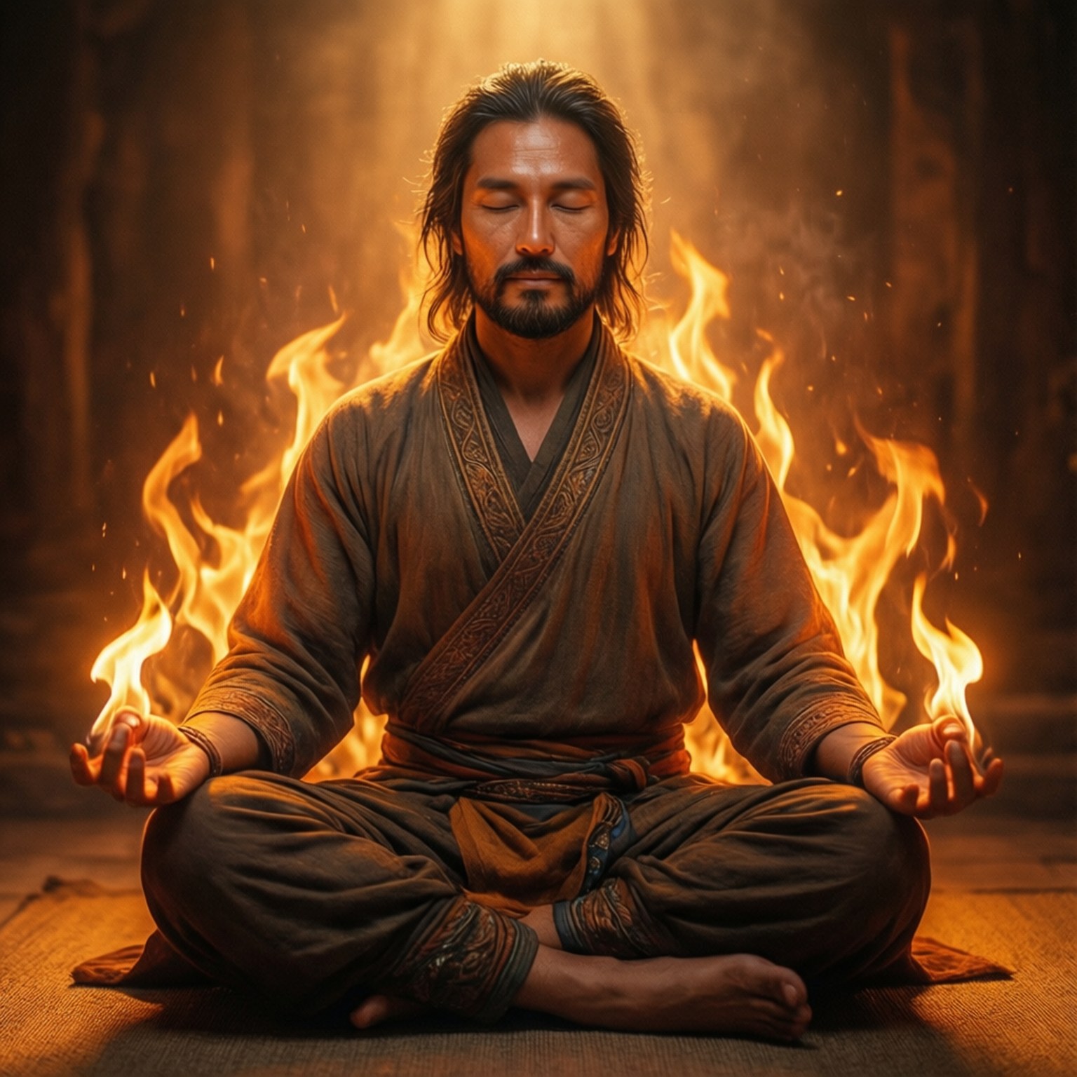 靜止火焰 壁紙 — 一個寧靜的男人盤腿冥想，火焰在他周圍舞動，地點是一個光線昏暗的森林空地。