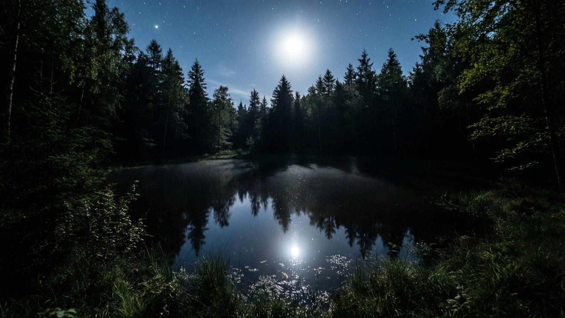 Moonlit Pond Clearing 壁紙 — 月光下寧靜的森林池塘倒映著明亮的滿月和星空，周圍環繞著高大的松樹。