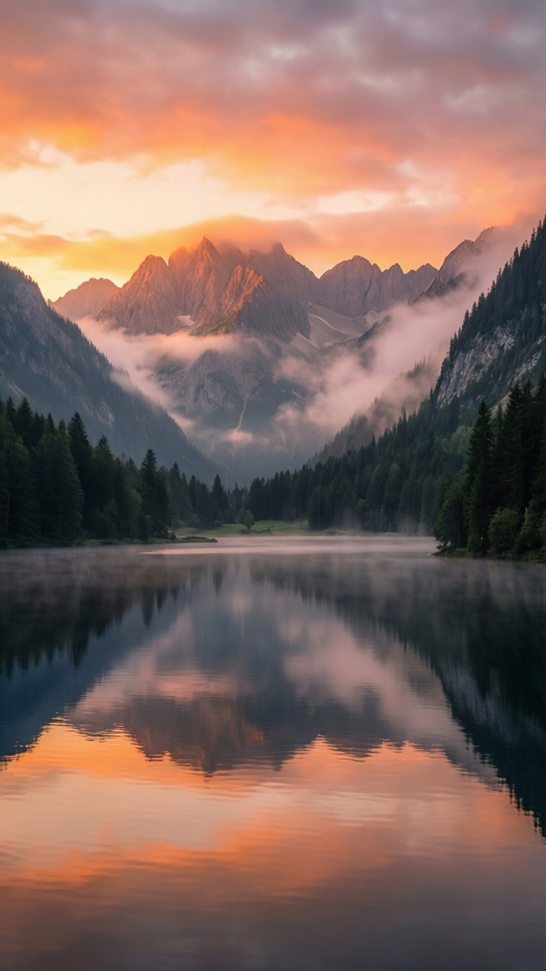 Sunrise Mountain Lake 壁紙 — 寧靜的山湖映照著霧氣籠罩的鋸齒狀山峰上方火橙色和粉紅色的日落雲彩。