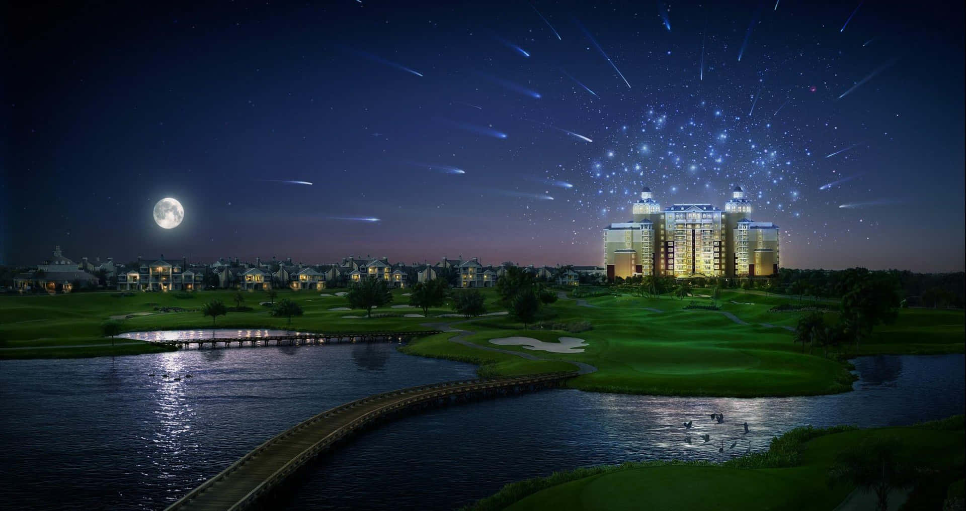  壁紙 — 一個寧靜的夜晚場景，高爾夫球場上空有發光的月亮和流星，下方是現代酒店和住宅建築。
