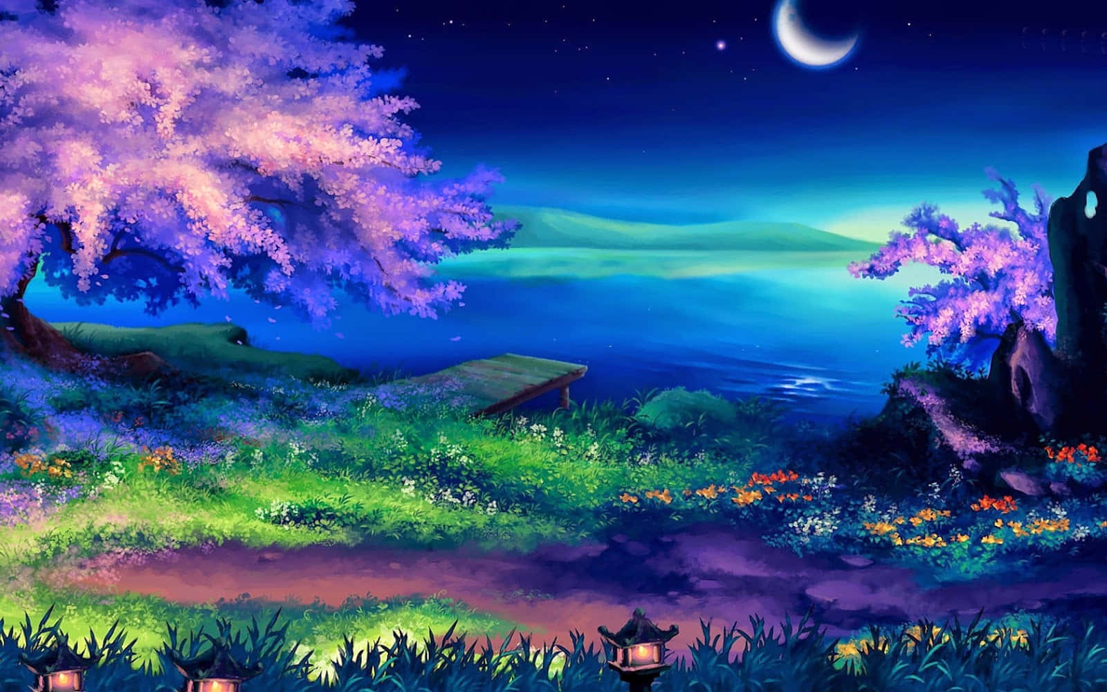 夜間花園，有發光的櫻花、木製碼頭和湖面上的新月。 — 8位元日本 壁紙