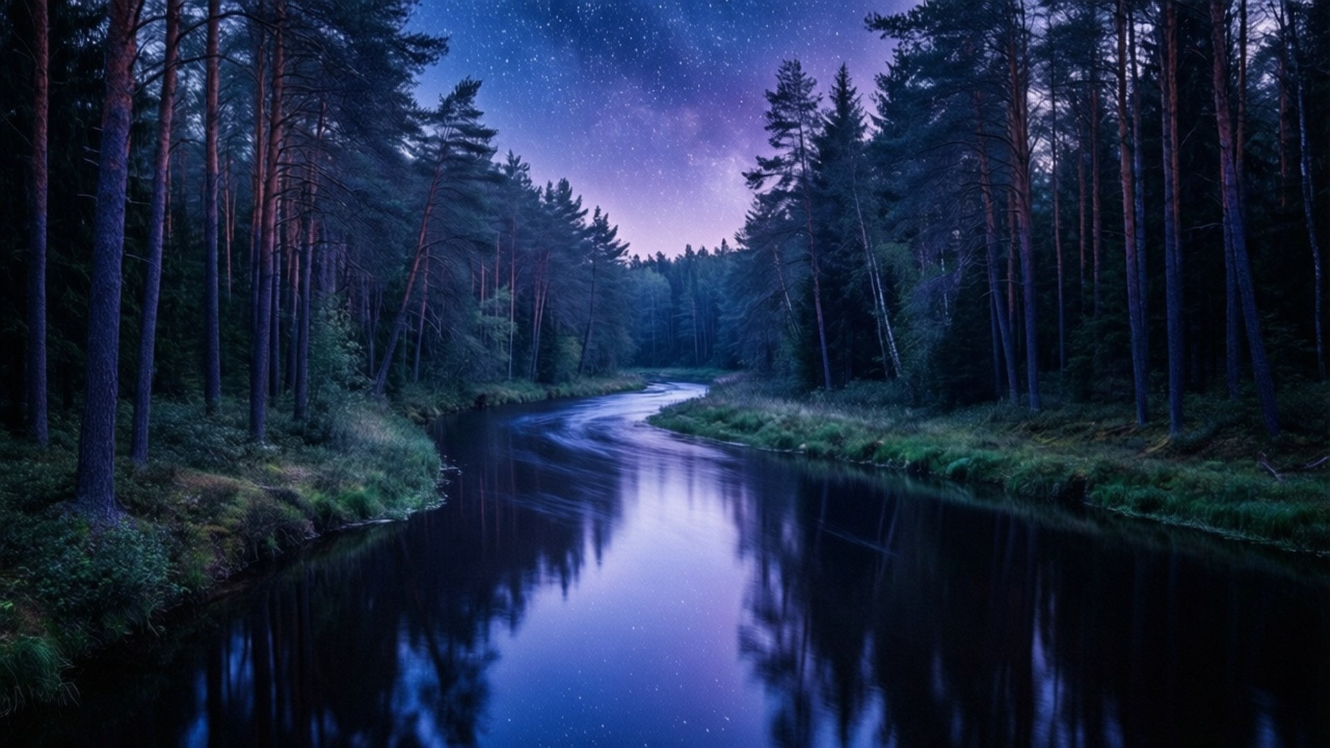 Starry River Through Dark Forest 壁紙 — 一條寧靜的河流蜿蜒穿過茂密的松樹林，在繁星點點的紫色夜空下，夜空倒映在水中。