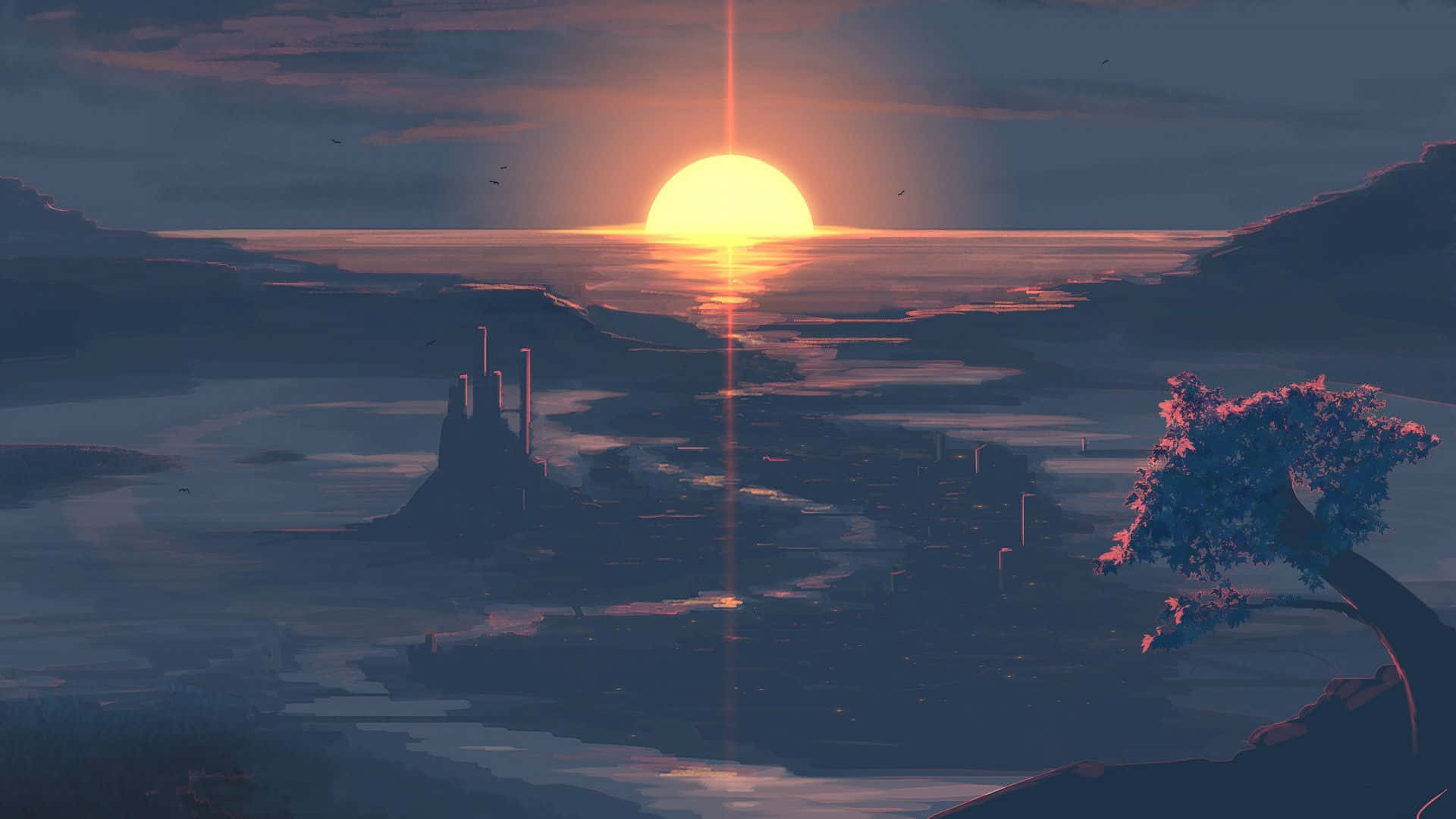 Sunset Painting 桌布 壁紙 — 寧靜的日落，籠罩在薄霧的海岸景觀中，一棵孤樹和遠處的廢墟沐浴在金色的光芒中。