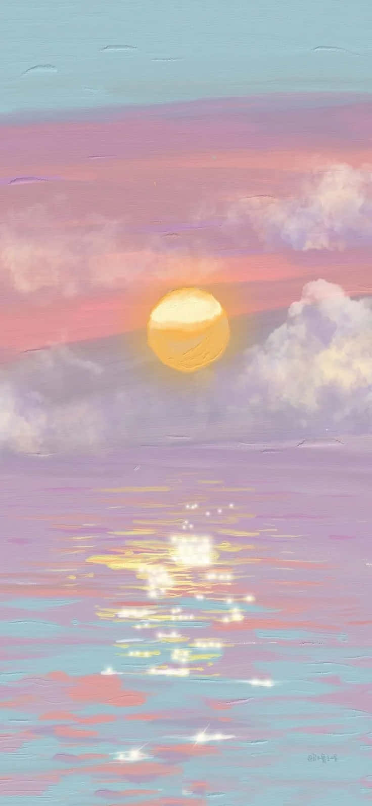  壁紙 — 平靜水面上寧靜的日落，發光的太陽在水面投射出粉紅色、紫色和金色的倒影。