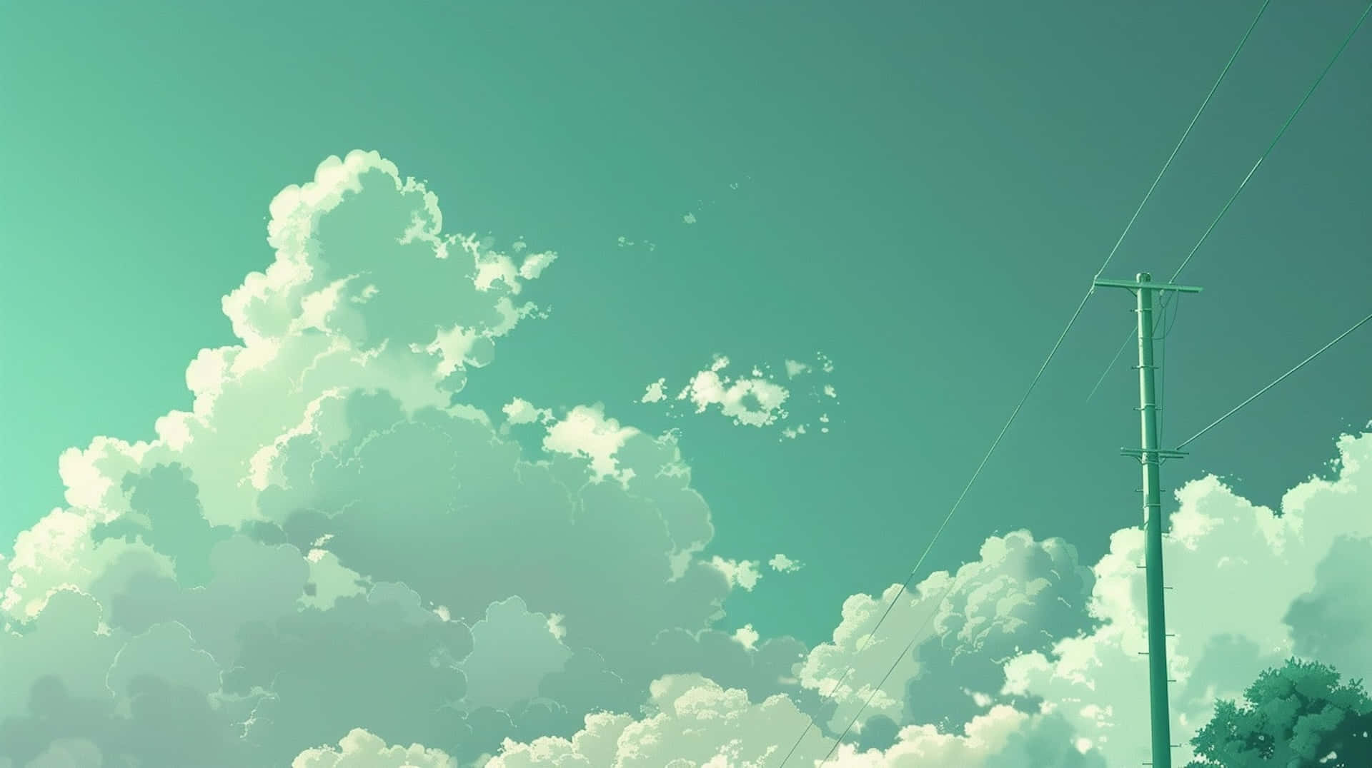 壁紙 — 一片寧靜的藍綠色天空，佈滿蓬鬆的白雲，還有一根孤獨的電線杆，電線橫跨整個畫面。