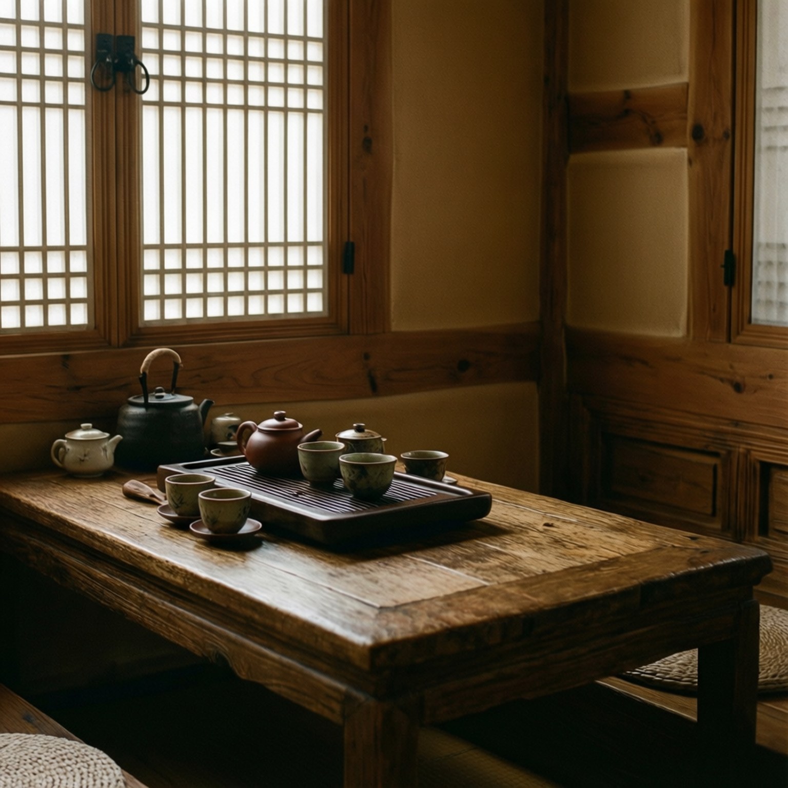 Insadong Tea House Serenity 壁紙 — 一個寧靜的傳統木製茶具放在質樸的低桌上，柔和光線穿過格子窗戶。