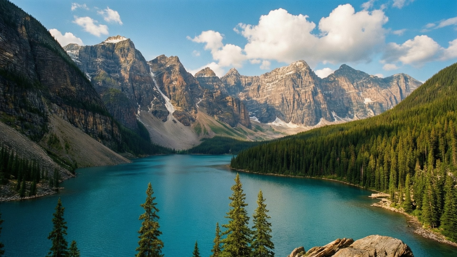 Moraine Lake Majesty 壁紙 — 一個寧靜的綠松石湖，坐落在高聳的雪山和茂密的常綠森林之間，上方是明亮的藍天和蓬鬆的白雲。