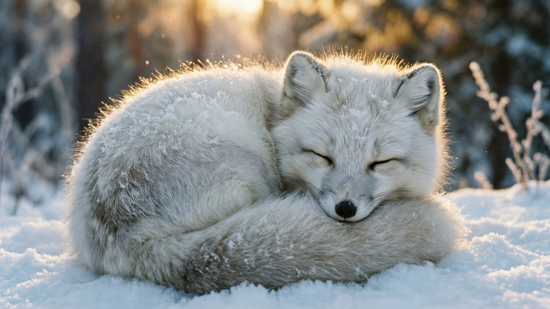 Sleeping Snowball 壁紙 — 一隻寧靜的白狐蜷縮在雪中睡覺，金色的陽光凸顯其毛髮，背景是模糊的冬季森林。
