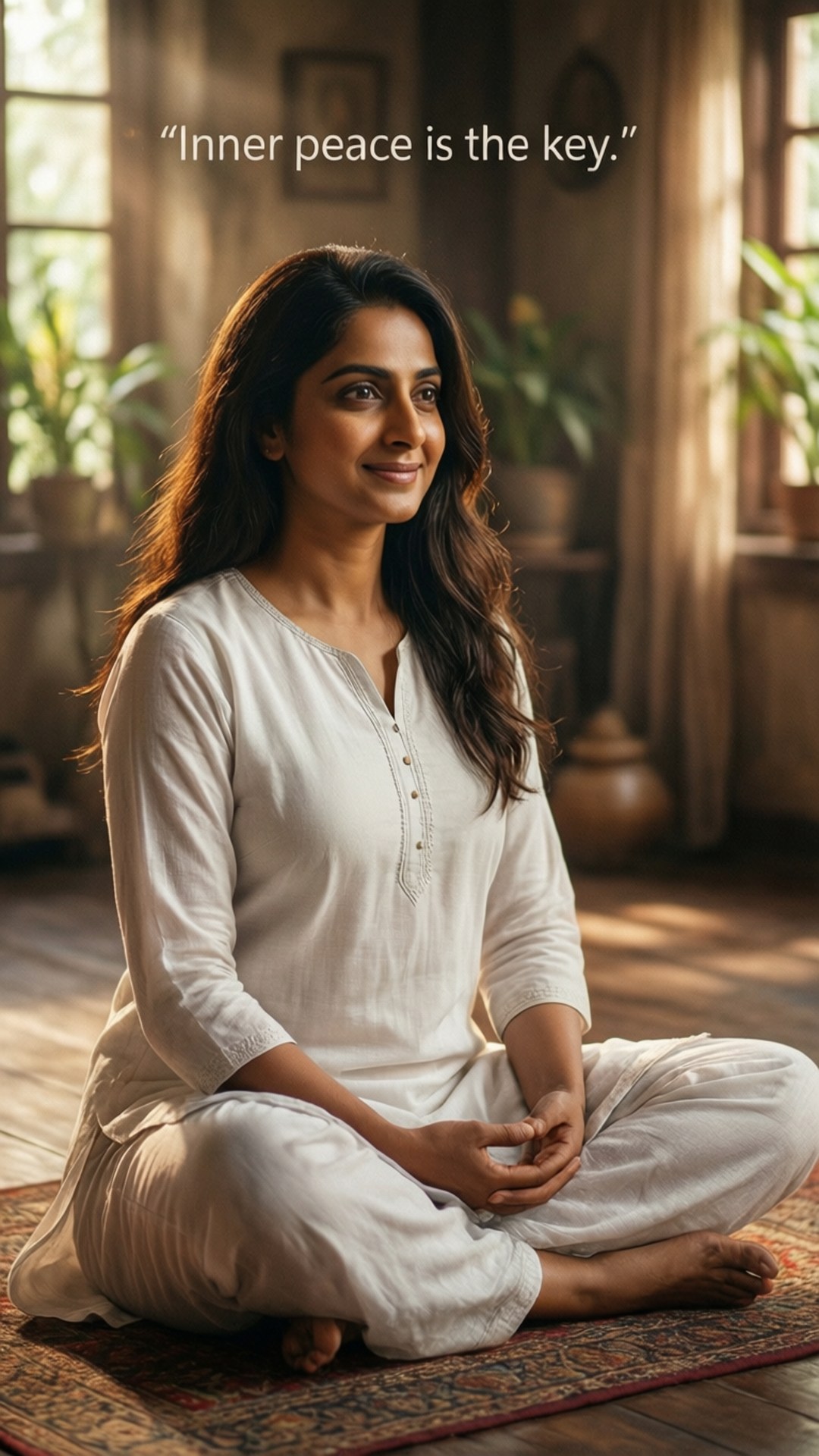 Inner Peace Quote 壁紙 — 一位身穿白衣的寧靜女性盤腿坐在有圖案的地毯上，房間陽光充足，有植物和木地板。