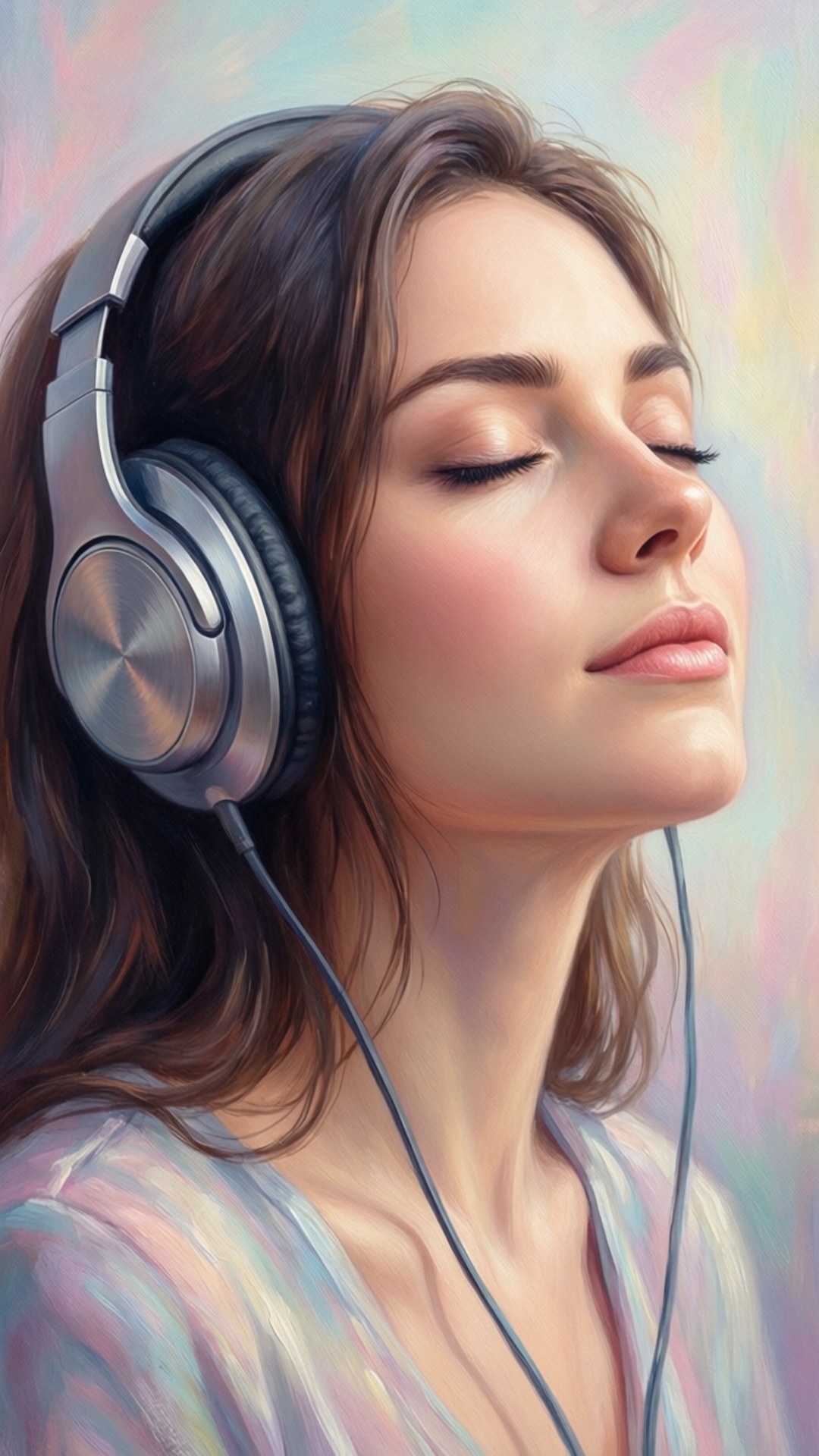 Lost in Melody 壁紙 — 一位寧靜的女子閉上眼睛，戴著銀色頭戴式耳機，背景是柔和的粉彩色。