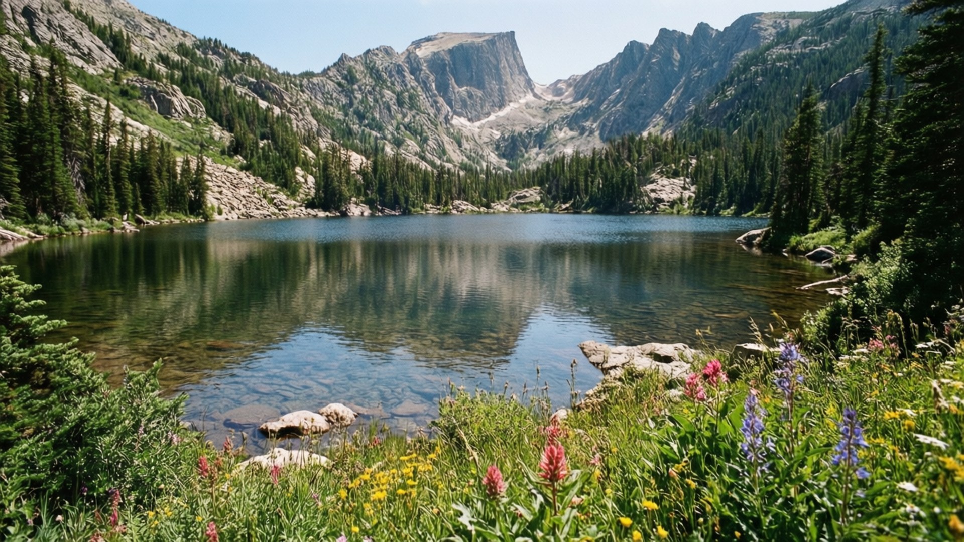 Alpine Lake Wildflowers 壁紙 — 寧靜的高山湖泊映照著崎嶇的花崗岩山峰和常綠森林，天空湛藍清澈。