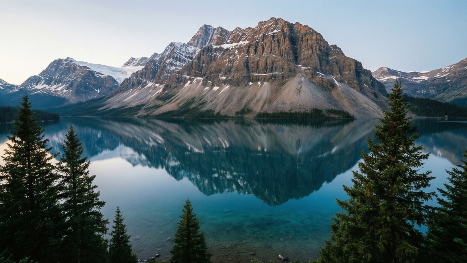 Mountain Lake Reflection 壁紙 — 寧靜的高山湖泊映照著白雪覆蓋的鋸齒狀山脈和常綠樹木，在清澈的藍天下。