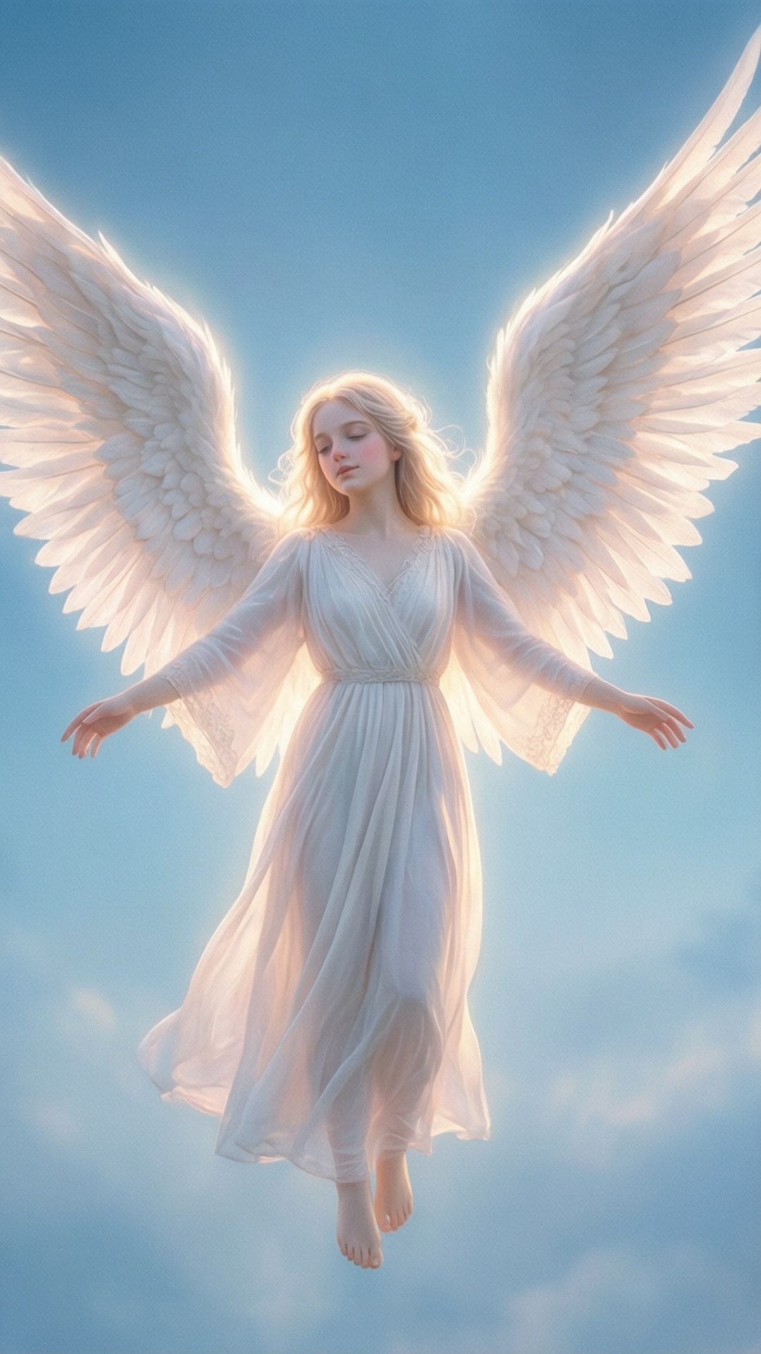 Angel in Blue Skies 壁紙 — 一位寧靜的天使，擁有寬闊的白色翅膀，在柔和的藍天中優雅地飄浮，身穿飄逸的白色長袍。