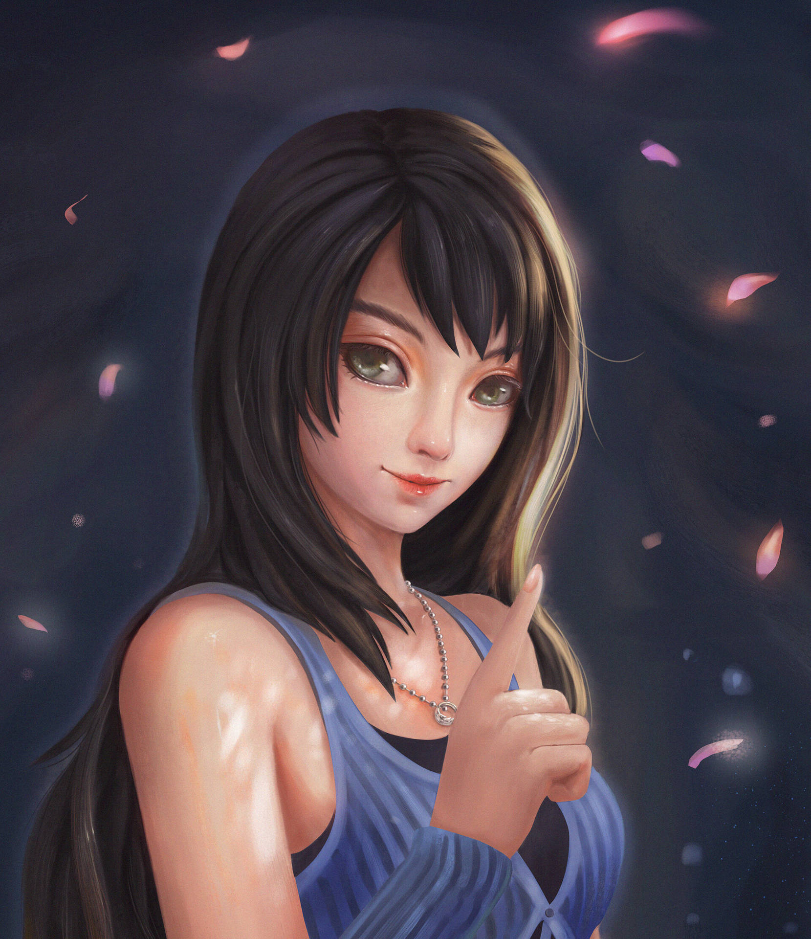 動漫女孩，深色頭髮和綠色眼睛，在深藍色夜空中粉紅色花瓣飄浮時輕輕指著。 — 最終幻想8 壁紙