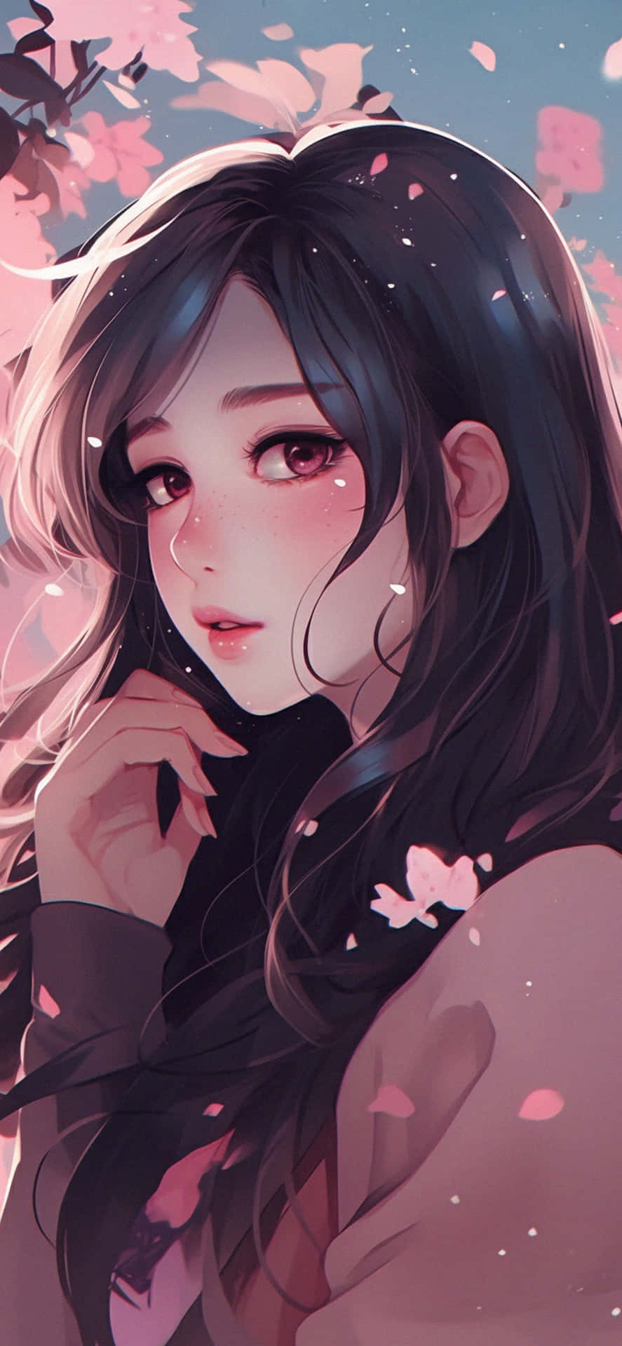 壁紙 — 一位寧靜的動漫女孩，黑髮，粉紅色的花朵在她周圍飄浮，背景是柔和粉彩的天空。