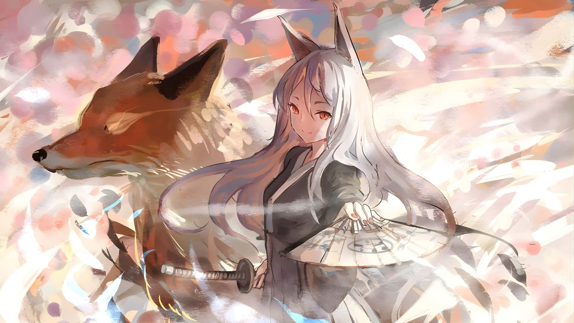  壁紙 — 一位寧靜的動漫女孩，長著狐狸耳朵，手持劍，站在一隻狐狸旁邊，周圍是旋轉的櫻花。