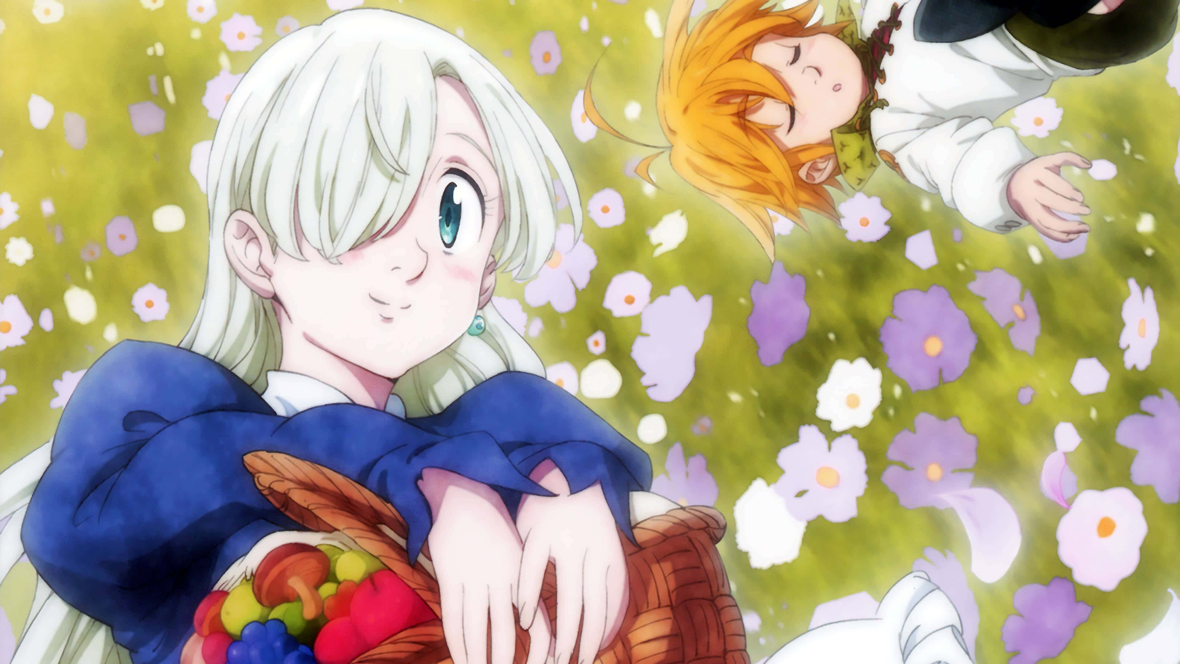 Seven Deadly Sins Elizabeth Liones 桌布 壁紙 — 一位寧靜的白髮動漫女孩拿著一個水果籃，與一位同伴一起漂浮在飄落的花朵中。
