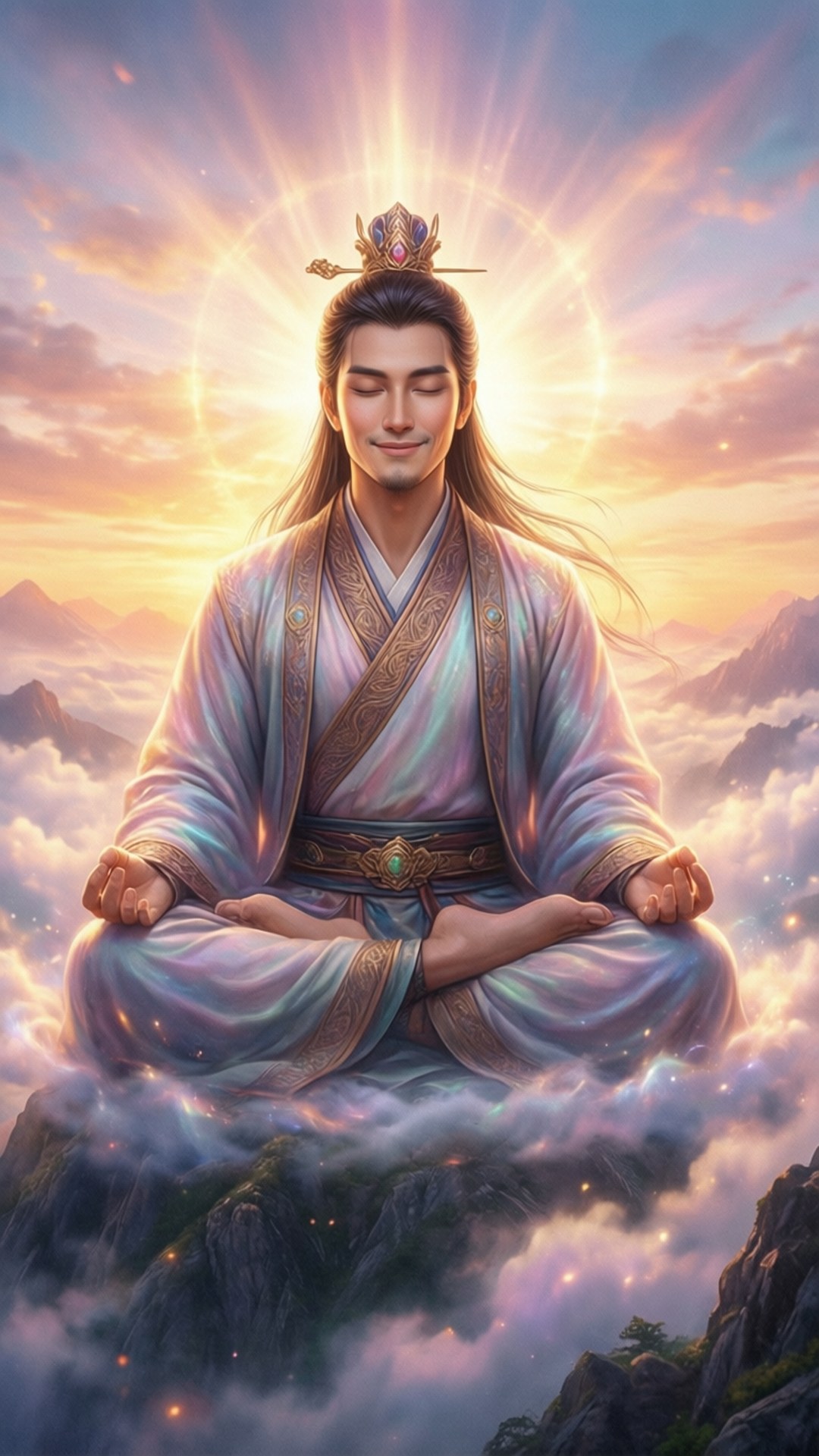The Daily Life Of The Immortal King 桌布 壁紙 — 一位寧靜的亞洲聖人在雲霧繚繞的山頂上冥想，身後散發著光輝的光環。
