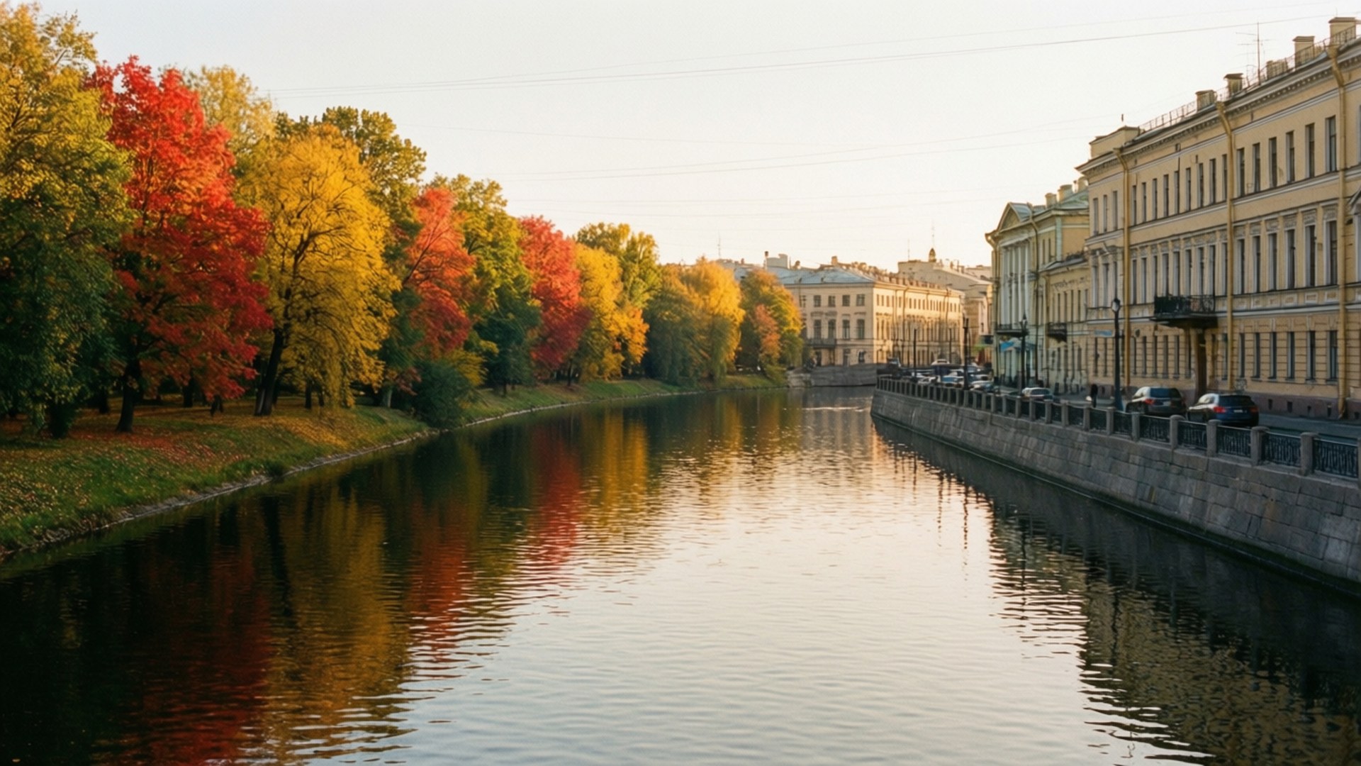 Moika River Autumn 壁紙 — 一條寧靜的秋季運河，兩旁是鮮豔的紅色和金色樹木，倒映在平靜的水面上，旁邊是歷史悠久的黃色建築。
