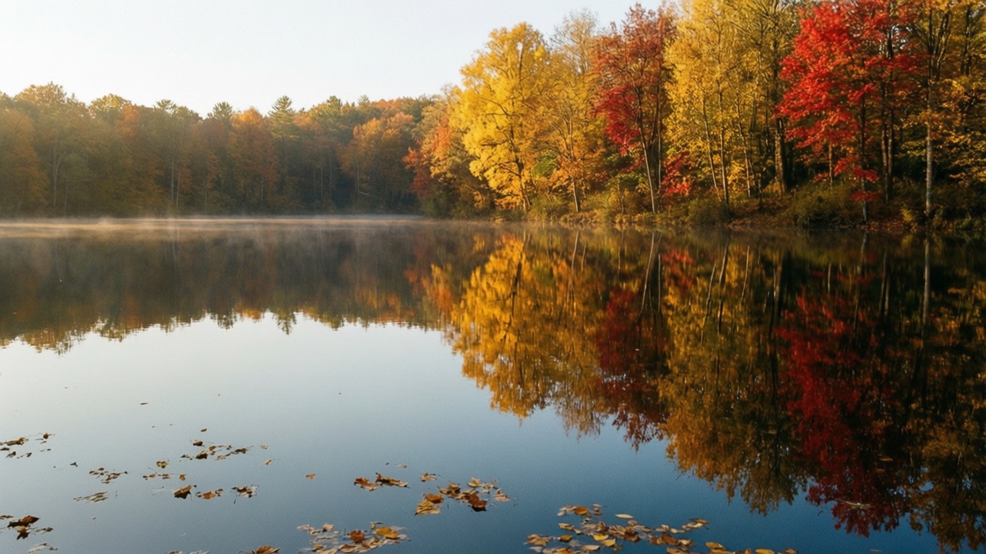 Autumn Lake Serenity 壁紙 — 寧靜的秋日湖泊映照出在柔和晨空下鮮豔的紅色、黃色和橙色樹木。