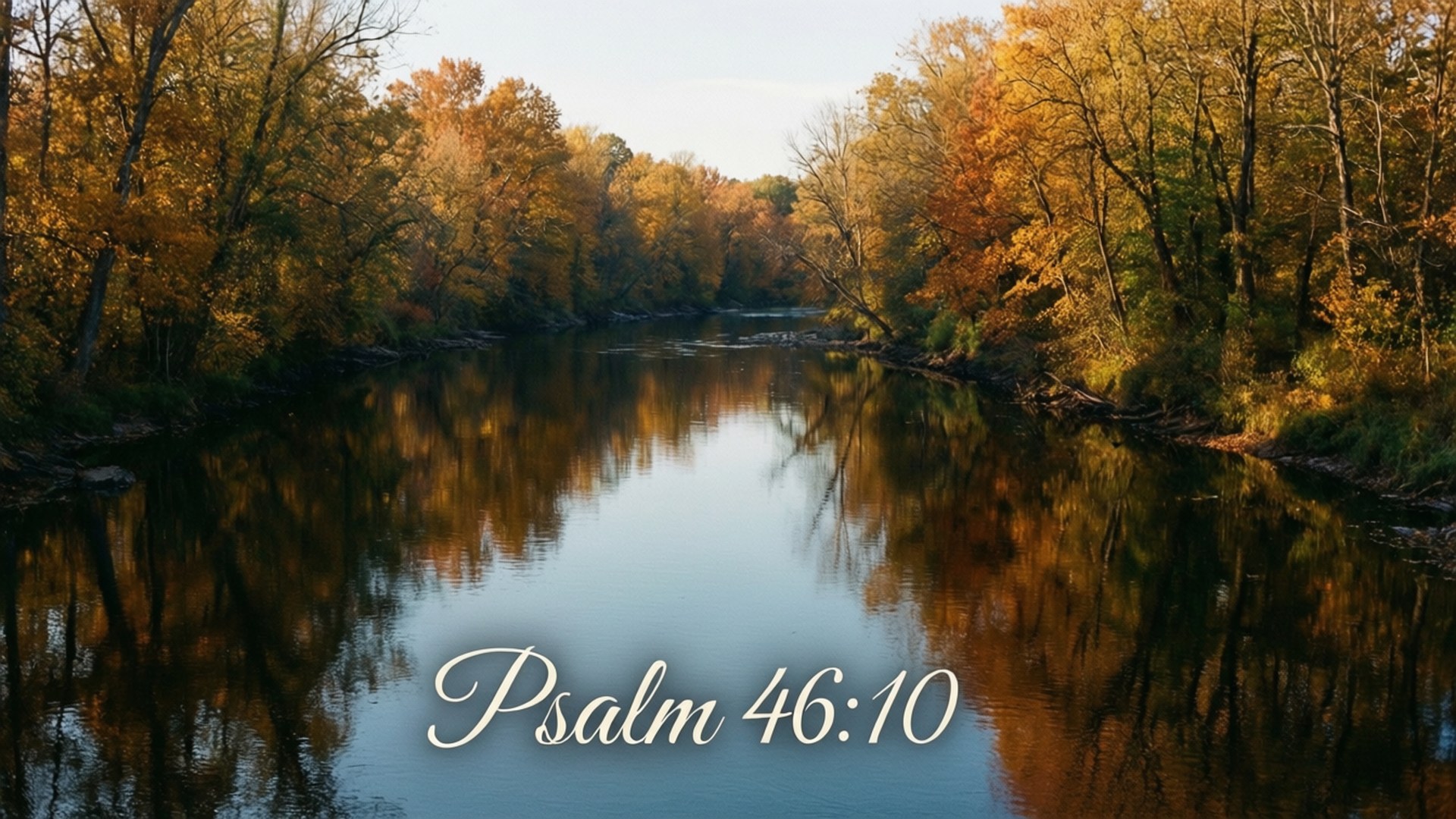 Short Bible Verse 桌布 壁紙 — 寧靜的秋日河流在柔和日光下映照金色樹木，詩篇46篇10節以優雅白色草書呈現。