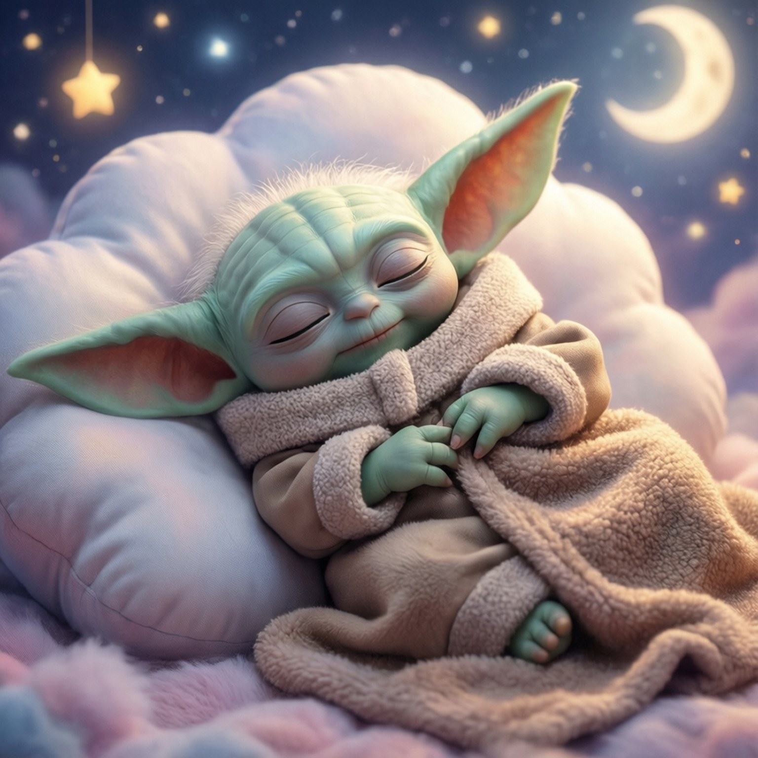 Sleepy Baby Yoda 壁紙 — 一個平靜的Baby Yoda在毛絨絨的睡袍中安睡，背景是繁星點點的夜空和一彎新月。