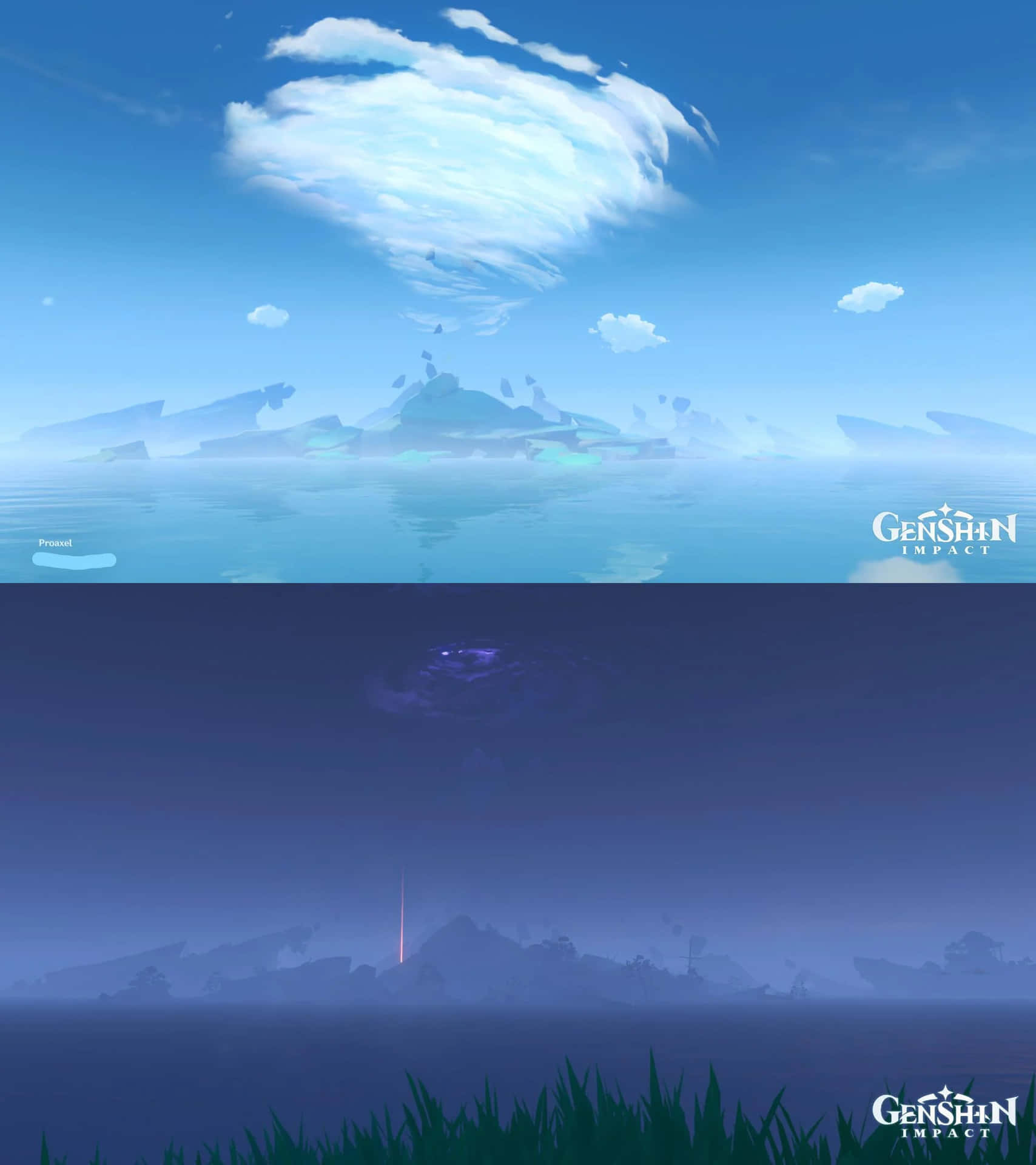 旋轉雲朵下的霧氣山巒和寧靜水面，倒映在深紫色的暮色場景中，帶有發光的草地。 — 雷電將軍 壁紙