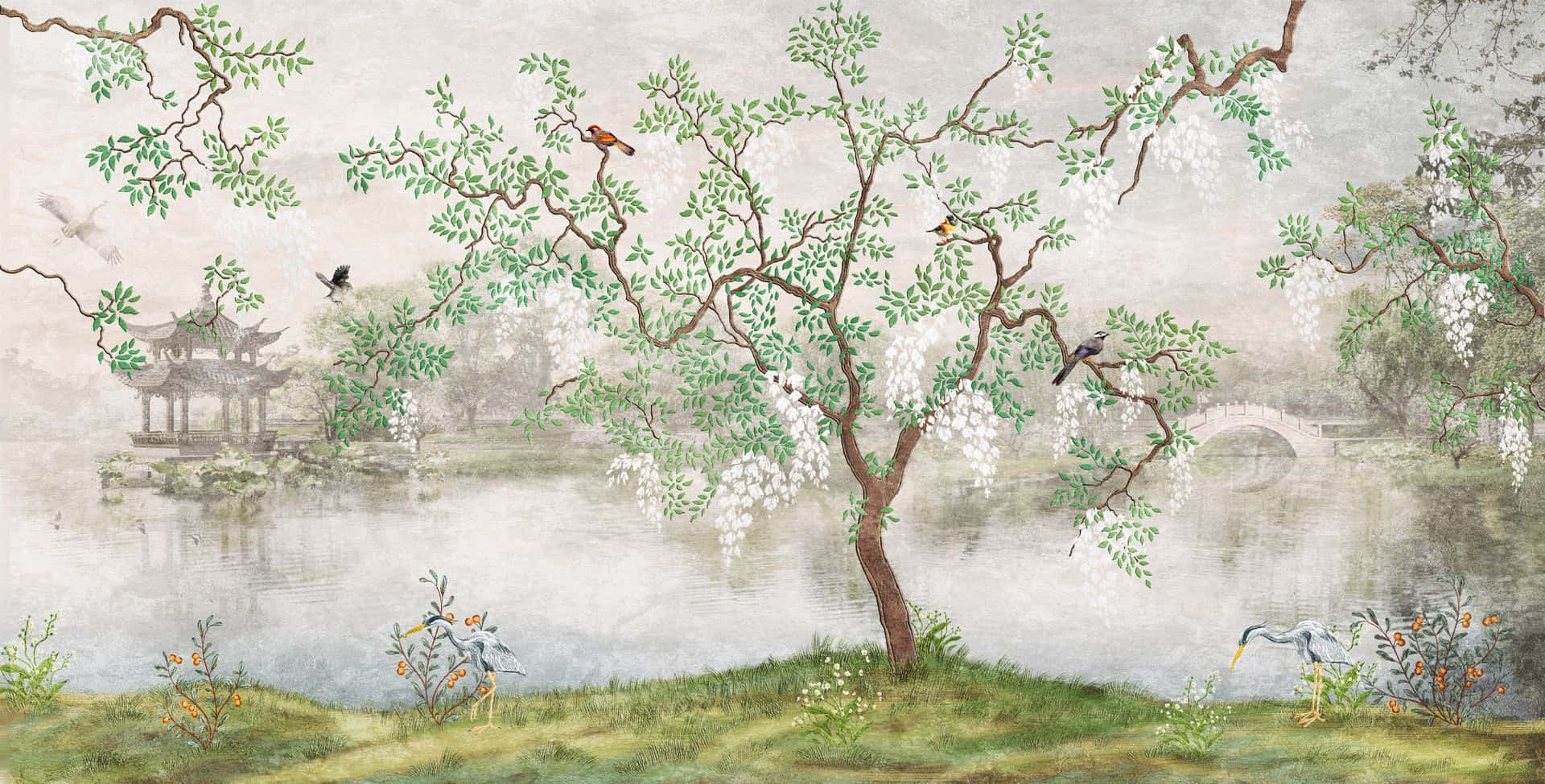  壁紙 — 一個寧靜的中式花園場景，盛開的紫藤樹、鳥兒和亭台倒映在平靜的水面上。