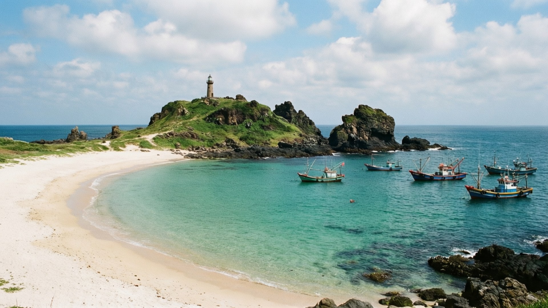 Udo Island Paradise 壁紙 — 寧靜的海灣，碧綠的海水，輕柔的海浪拍打沙灘，船隻停泊在岩石露頭附近，燈塔矗立在長滿青草的海岬上，天空多雲。
