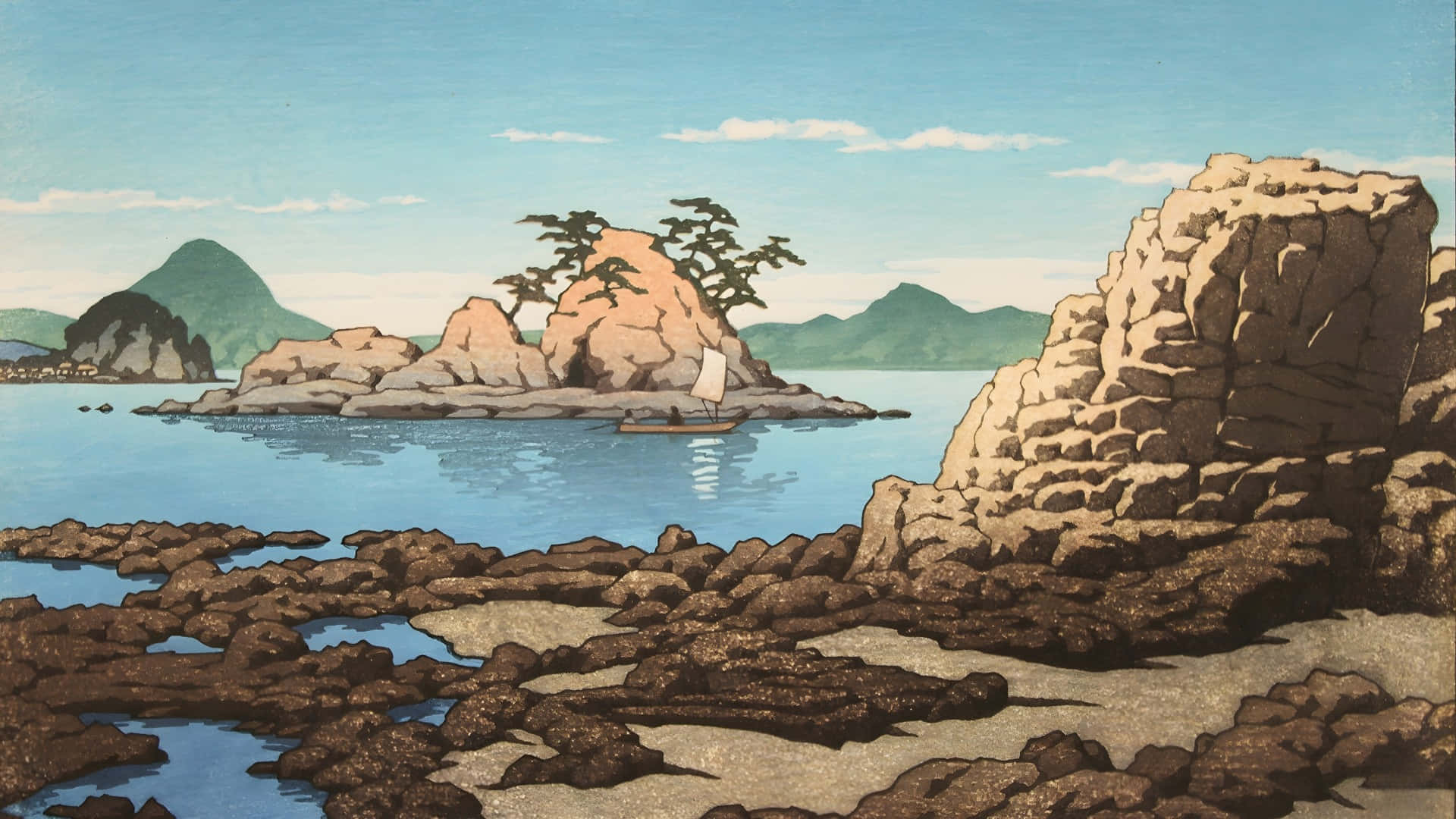  壁紙 — 寧靜的海岸景色，一艘小帆船在晴朗的藍天下靠近岩石小島漂流。