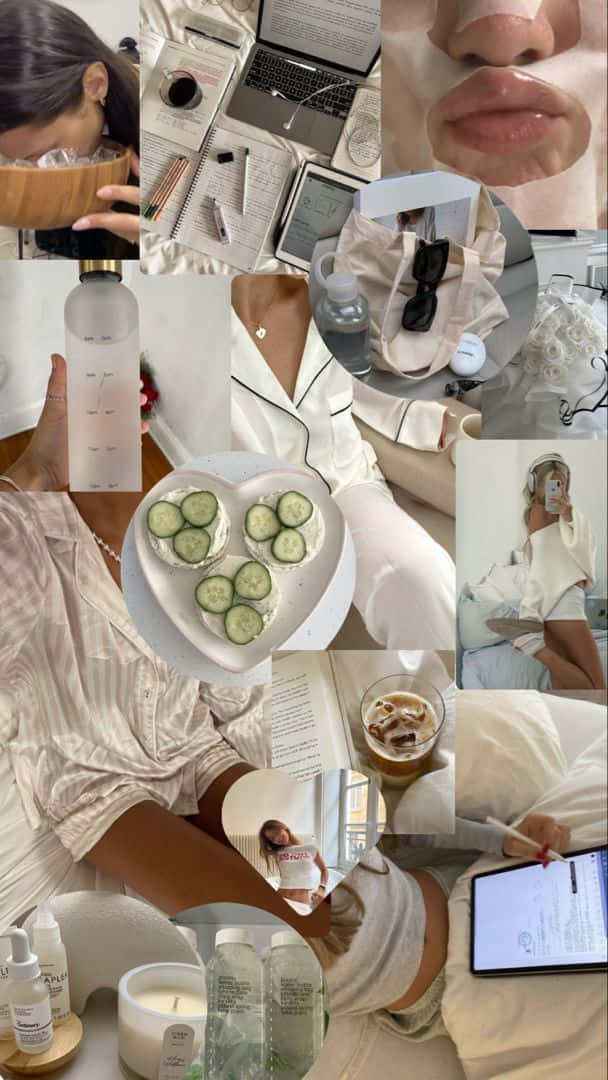  壁紙 — 一個寧靜的自我照顧時刻拼貼畫， featuring 小黃瓜片面膜、護膚產品、舒適睡衣和數位設備，以柔和的中性色調呈現。
