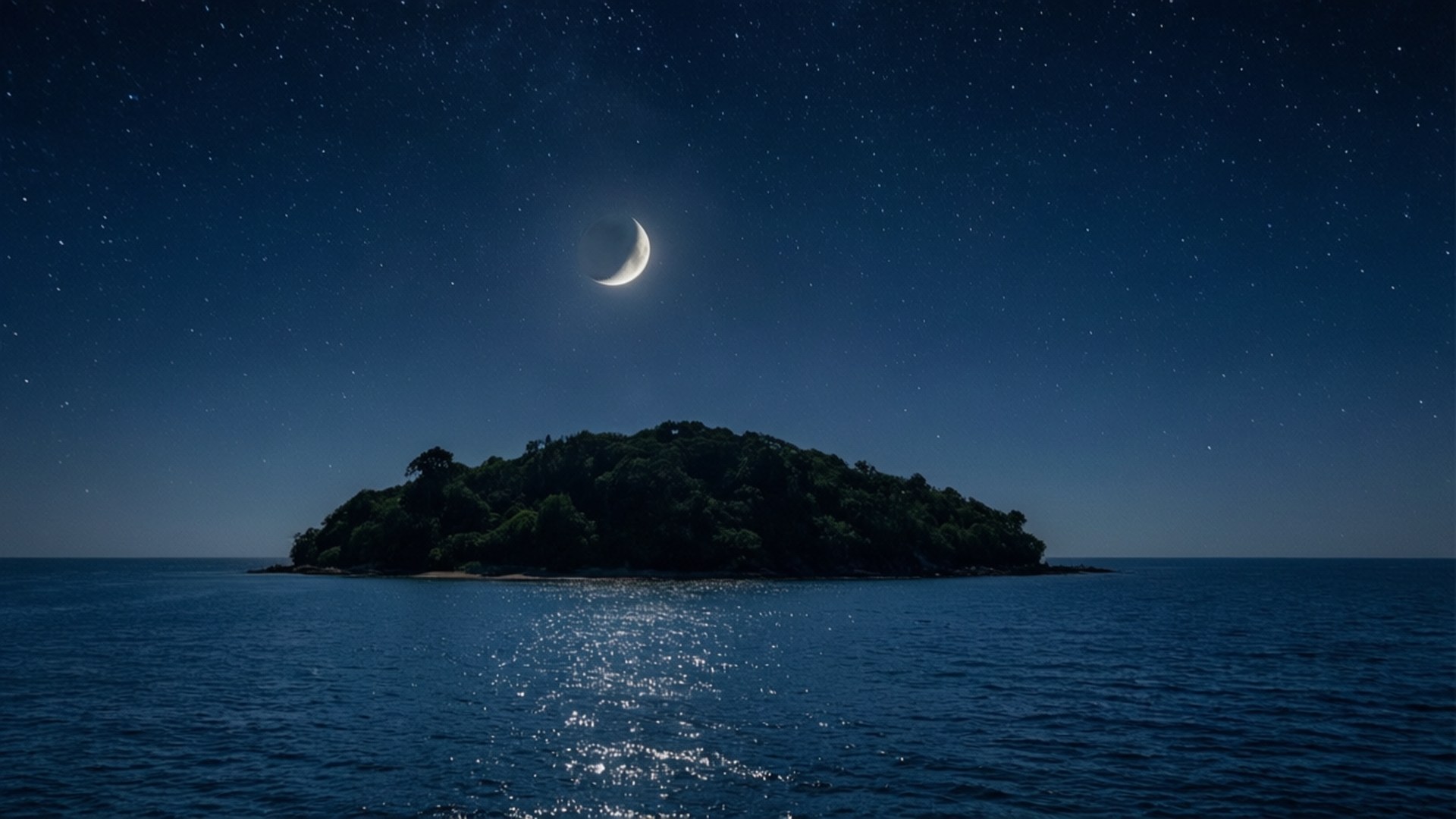Starry Night Island 壁紙 — 一輪寧靜的彎月懸掛在繁星點點的夜空之上，照耀著平靜海洋中一個鬱鬱蔥蔥的森林島嶼。