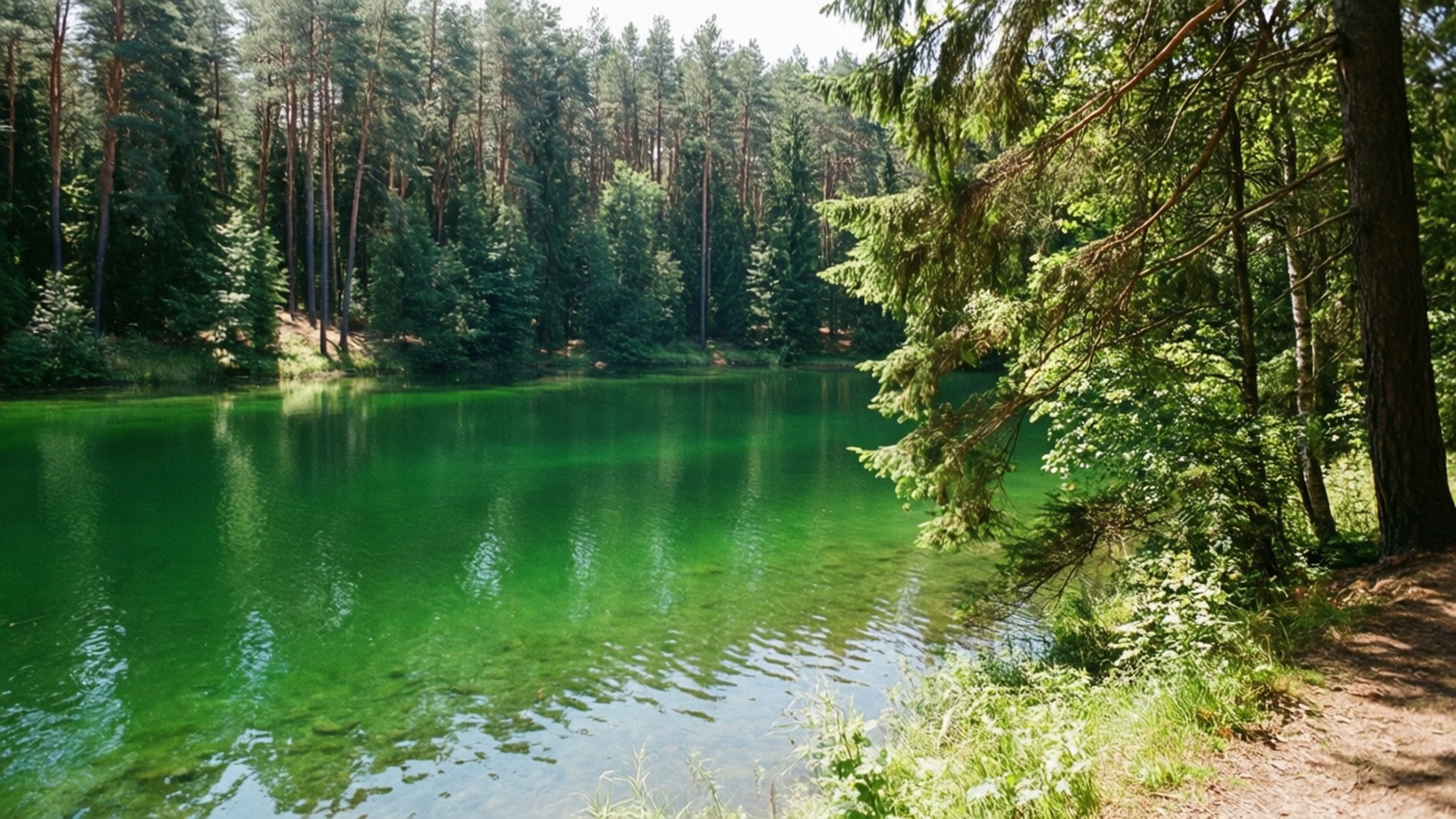 Emerge Green Lakes 壁紙 — 一個寧靜的翡翠湖，隱藏在茂密的松樹林中，陽光穿過樹木灑落。
