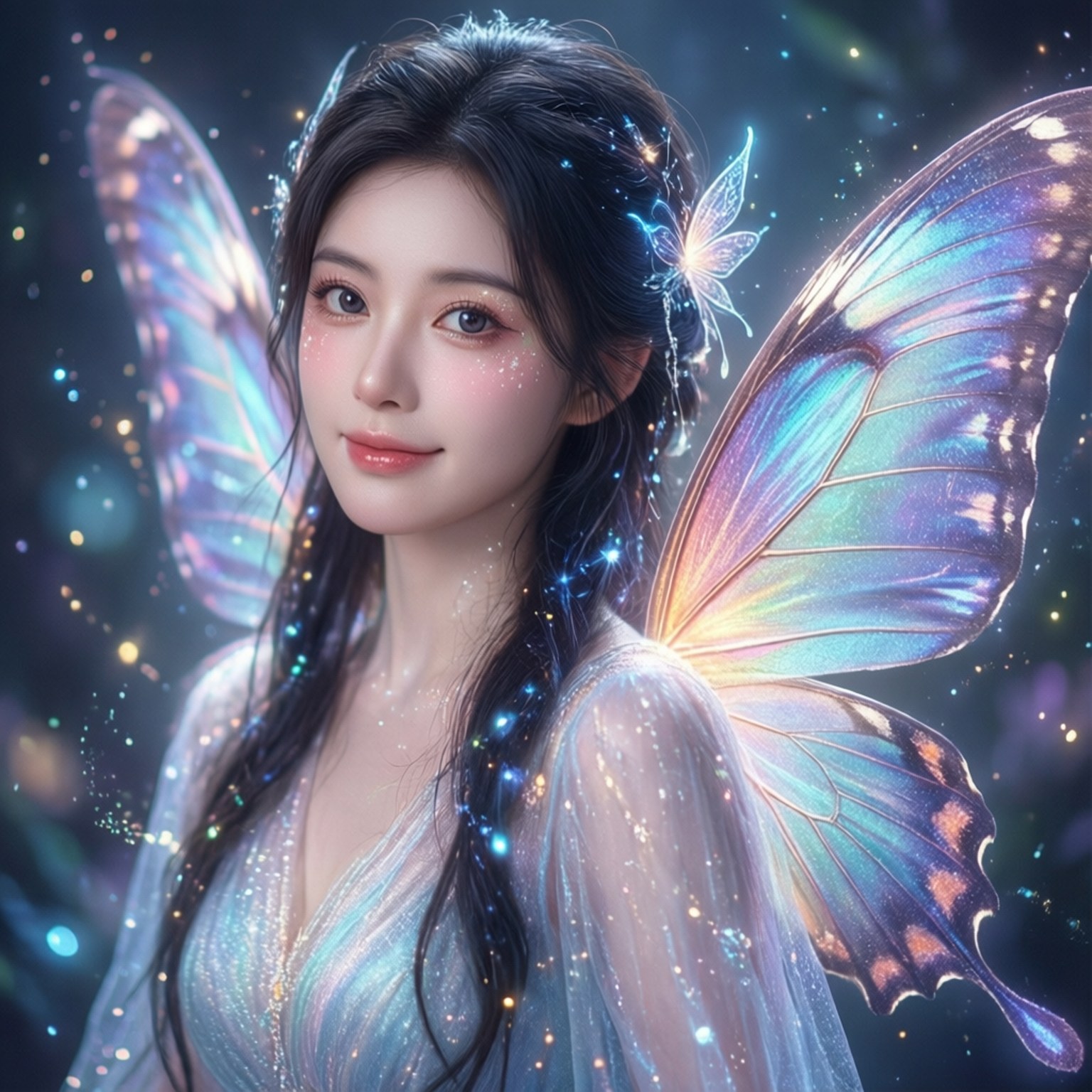 Wings of Light 壁紙 — 一位寧靜的精靈，擁有彩虹色蝴蝶翅膀和發光粒子，在繁星宇宙背景下漂浮。