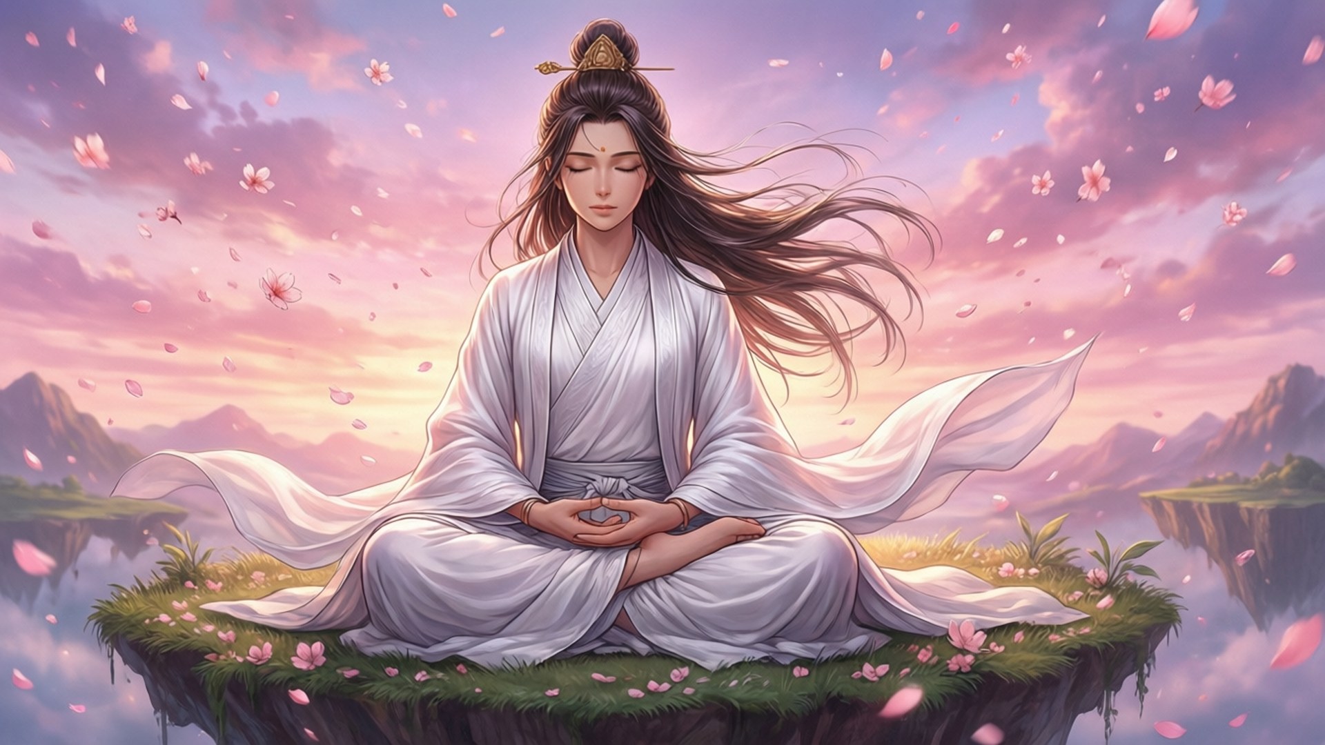 Prajna 桌布 壁紙 — 一個穿著白色長袍的寧靜人物在浮島頂端冥想，櫻花飄過粉彩色的日落天空。
