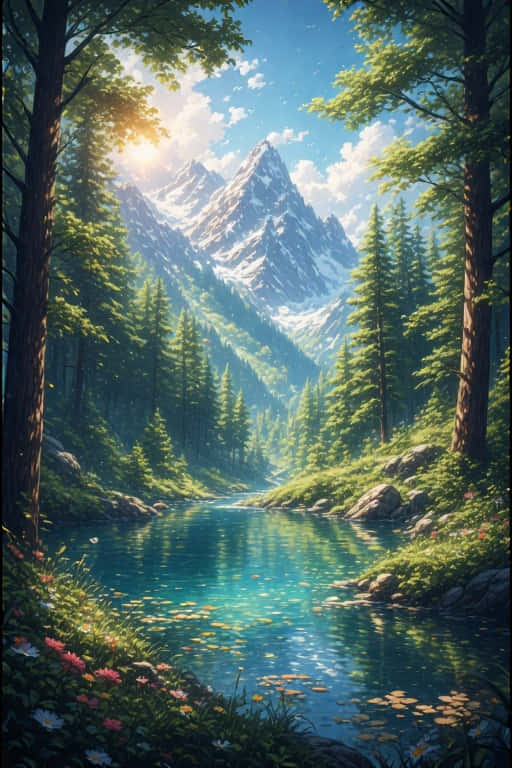在明亮的陽光下，一條寧靜的河流蜿蜒穿過茂密的森林，流向雄偉的積雪山峰。 — 4K 壁紙