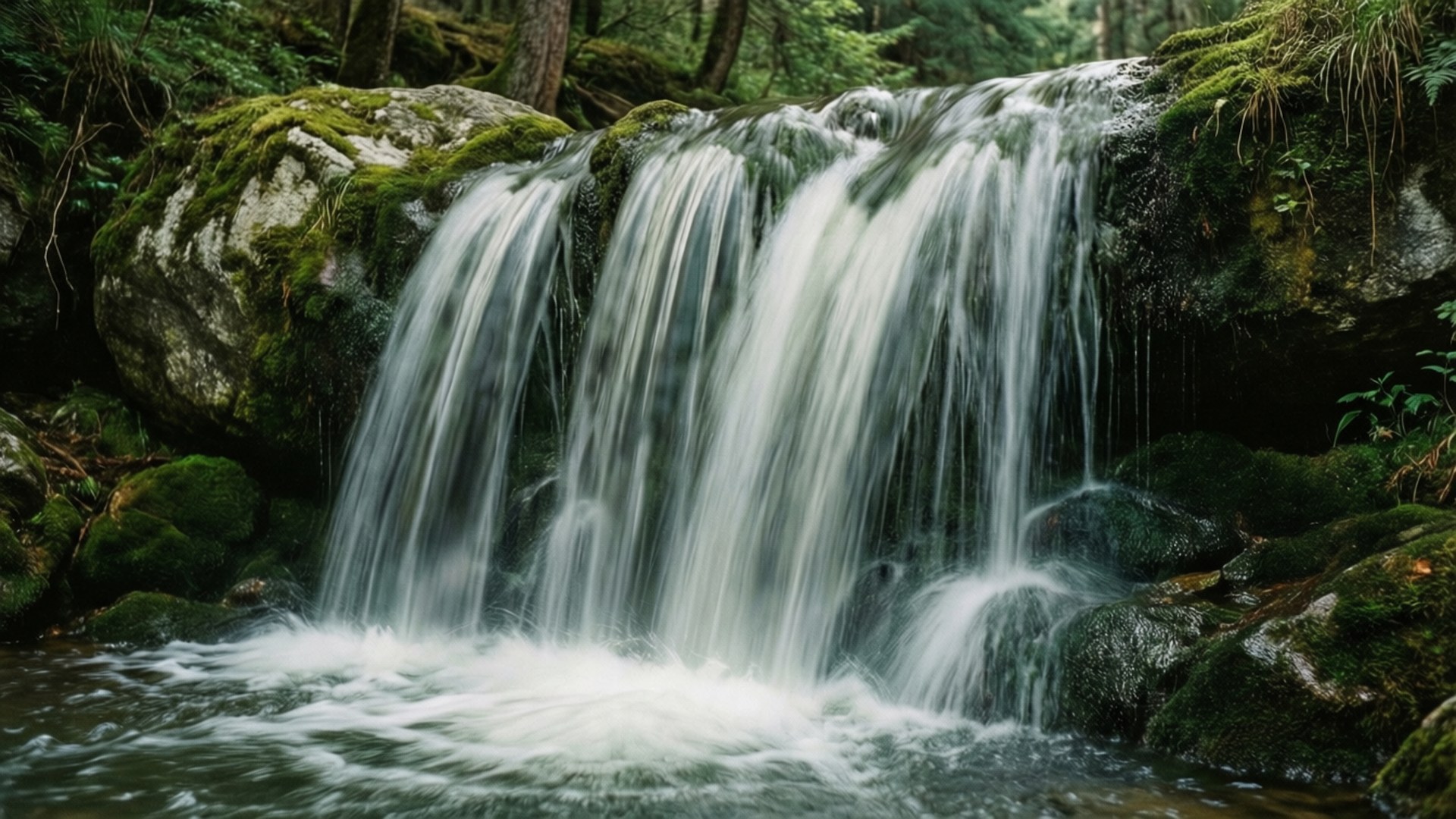 Mossy Waterfall 壁紙 — 寧靜的森林瀑布從長滿苔蘚的岩石上傾瀉而下，流入被茂密綠樹環繞的泡沫池中。