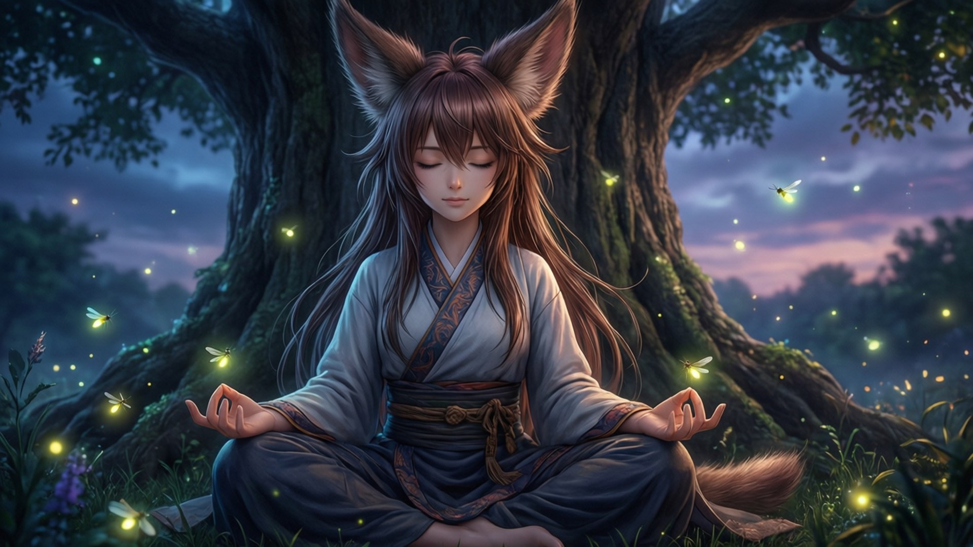 Suzuka Meditation 壁紙 — 一位平靜的狐耳少女穿著傳統長袍，在巨樹下靜靜冥想，螢火蟲在黃昏時分在她周圍閃爍。