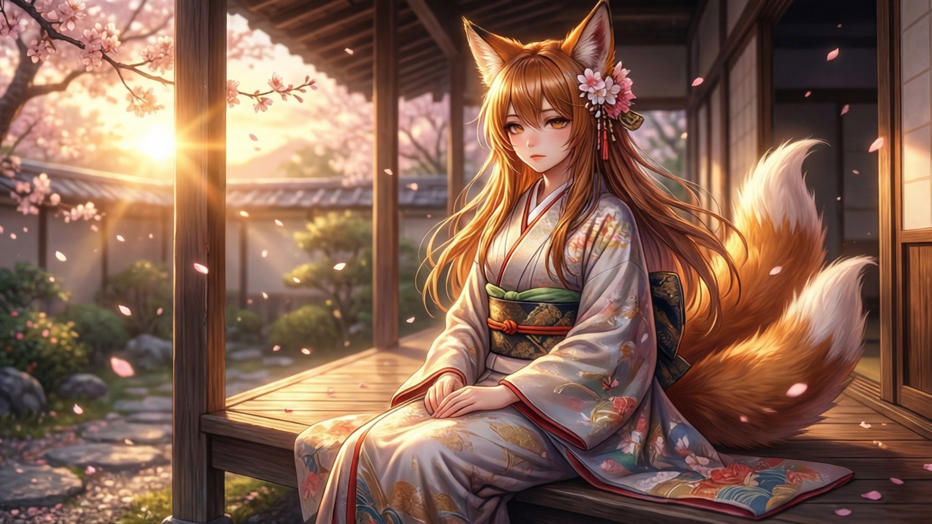 Sewayaki Kitsune No Senko-san 桌布 壁紙 — 一位穿著花卉和服的寧靜狐女坐在木製陽台上，櫻花在金色夕陽光中飄舞。
