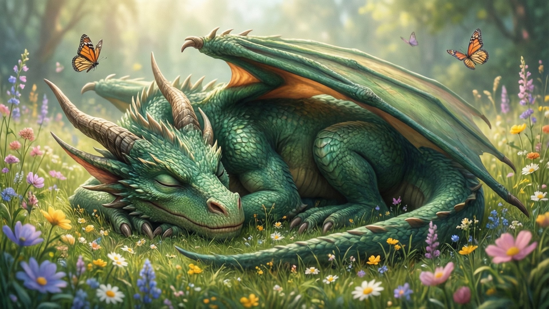 Sleeping Meadow Dragon 壁紙 — 一條平靜的綠色龍在陽光明媚的草地上蜷縮著睡覺，草地上滿是色彩繽紛的野花和翩翩起舞的蝴蝶。