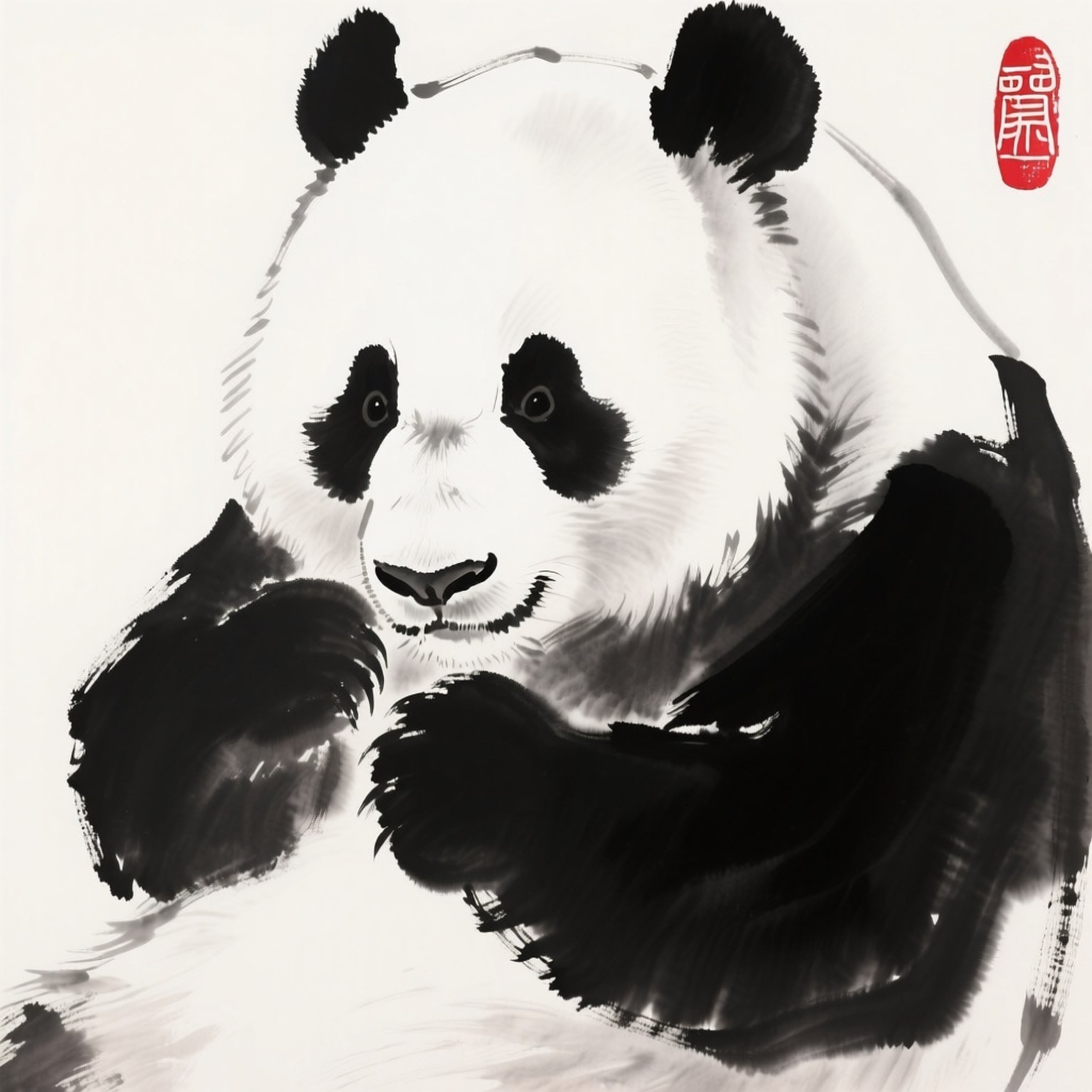 Ink Wash Panda 壁紙 — 一幅寧靜的水墨畫，描繪了一隻大熊貓，眼睛富有表現力，筆觸柔和，畫在有紋理的紙上。