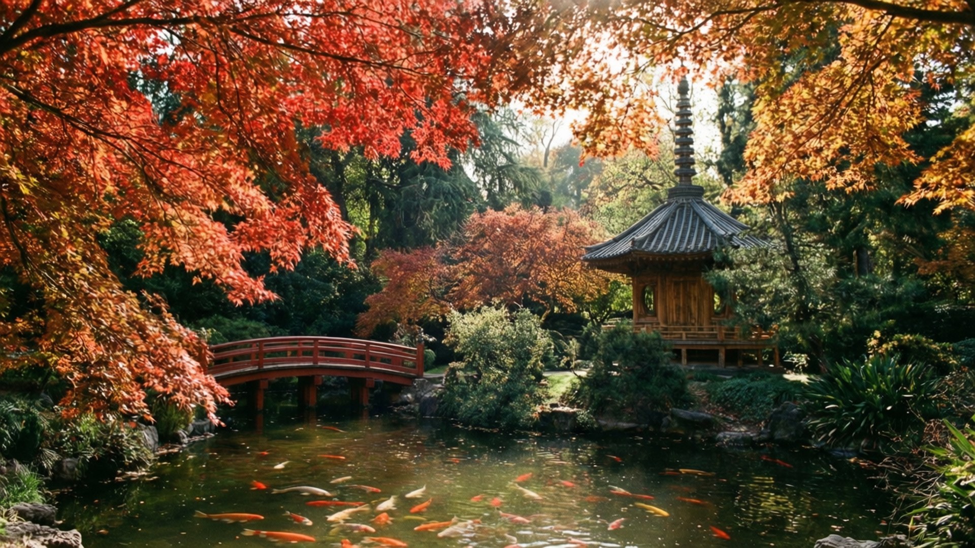 Japanese Gardens Autumn 壁紙 — 一個寧靜的日本花園池塘，錦鯉在紅色拱橋和木製寶塔下，周圍是鮮豔的秋季楓樹。
