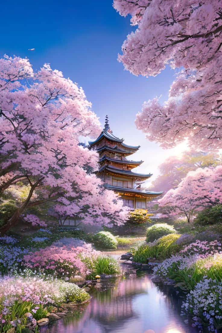  壁紙 — 一座寧靜的日本寶塔坐落在盛開的粉紅色櫻花樹中，一條反射的小溪蜿蜒穿過充滿活力的花園，在清澈的藍天下。