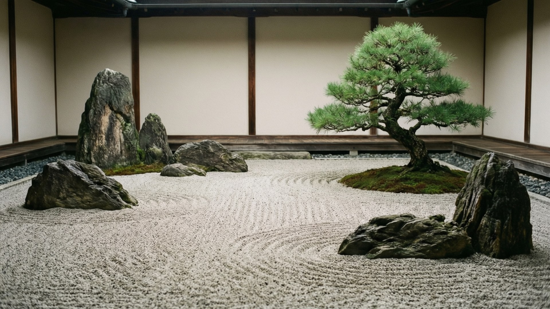Zen Garden Peace 壁紙 — 一個寧靜的日本岩石花園，有耙過的白礫石、一棵孤獨的松樹和長滿苔蘚的石頭，位於木製屋簷下。