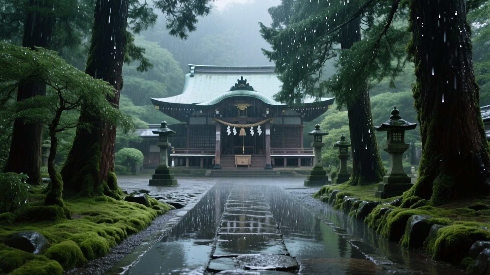 Rainy Atsuta Shrine 壁紙 — 一座寧靜的日本神社坐落在迷霧森林中，有長滿青苔的石燈籠和雨滴落在濕漉漉的石徑上。
